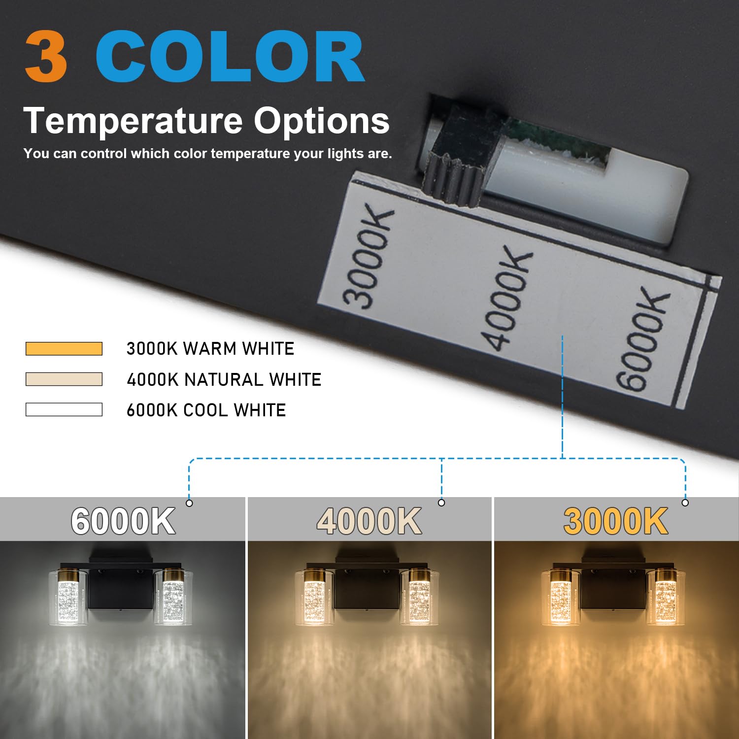 SineRise 2-Light Modern Vanity Light, Dimmable LED, Black-Gold, 3 Color Modes, Glass Shade, Model 02389336