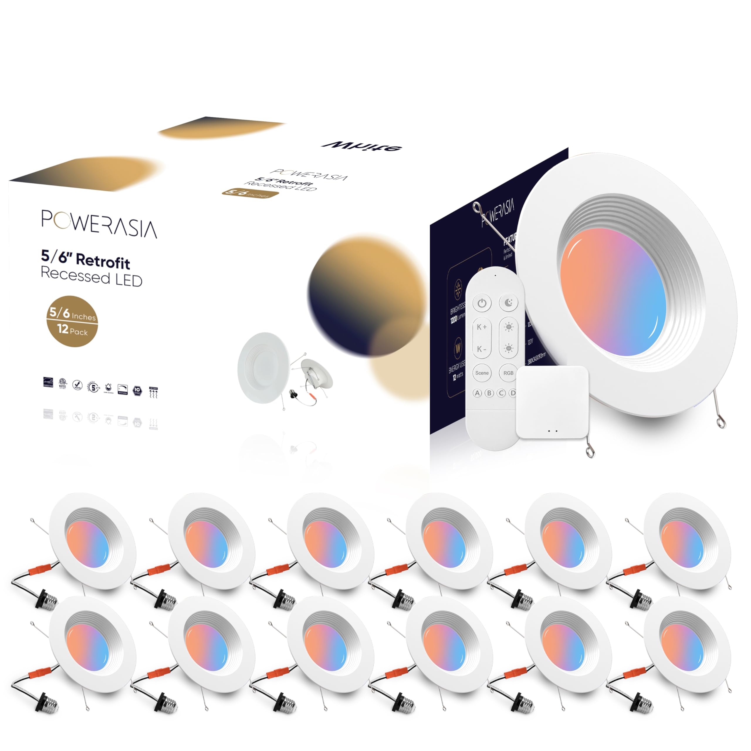 POWERASIA 12 Pack 5/6 Inch LED Can Lights Retrofit RGB Recessed Lighting, 12W 1200LM Smart LED Recessed Lights, 2700K-6000K Colo