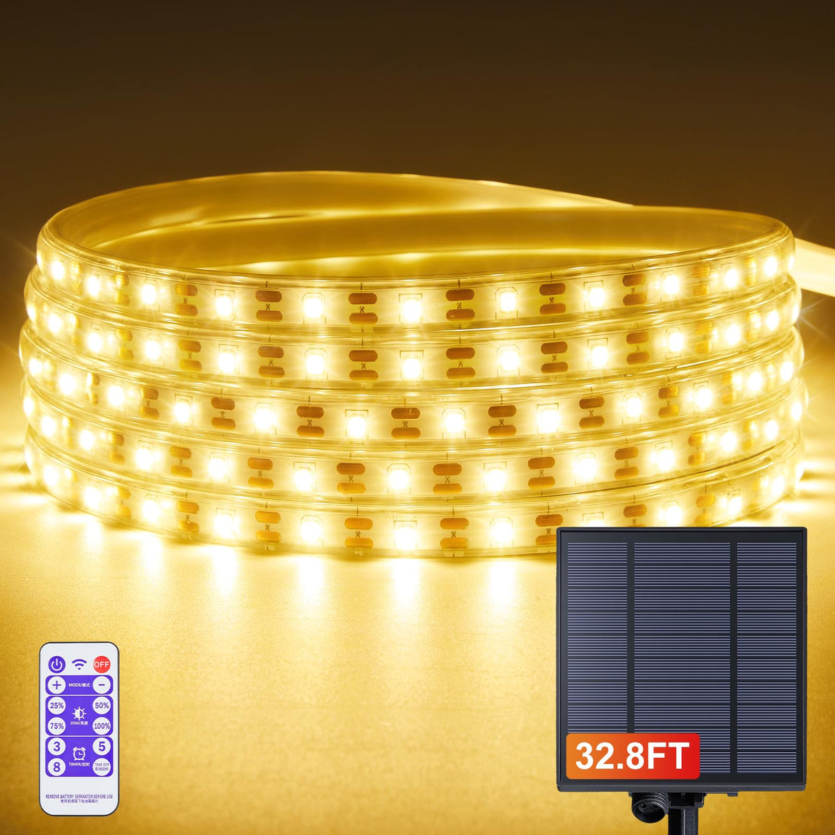 Lifengsoler 32.8Ft Solar Led Strip Lights Outdoor Warm White, 600Leds Solar & Usb Powered Dimmable Strip Lights With Remote, Ip6