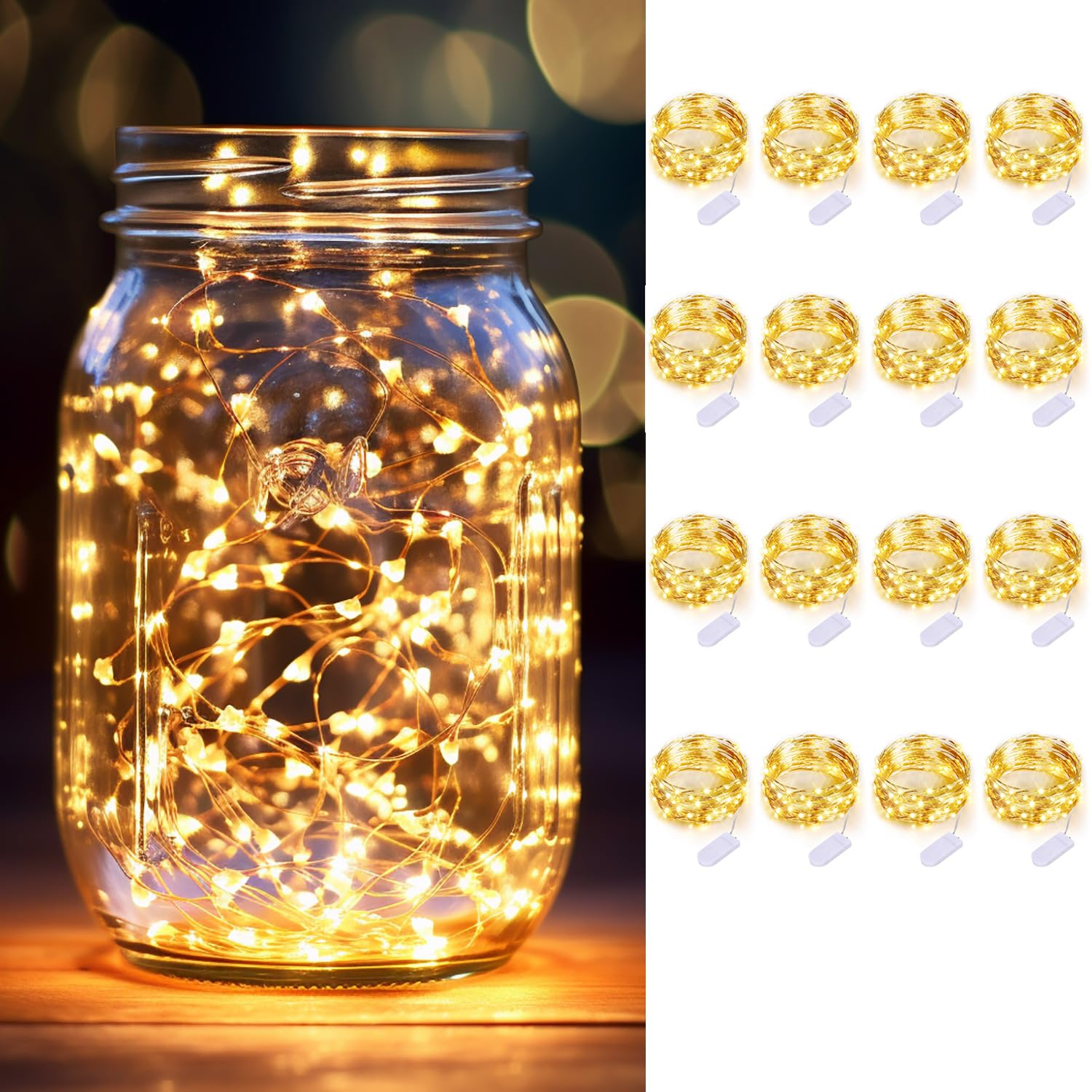 Ledikon 16 Pack 10Ft 30 Led Fairy Lights Battery Operated String Lights,Silver Wire Warm White Firefly Mini Lights For Wedding,Party,Diy Crafts,Mason Jars,Centerpieces Table Decorations