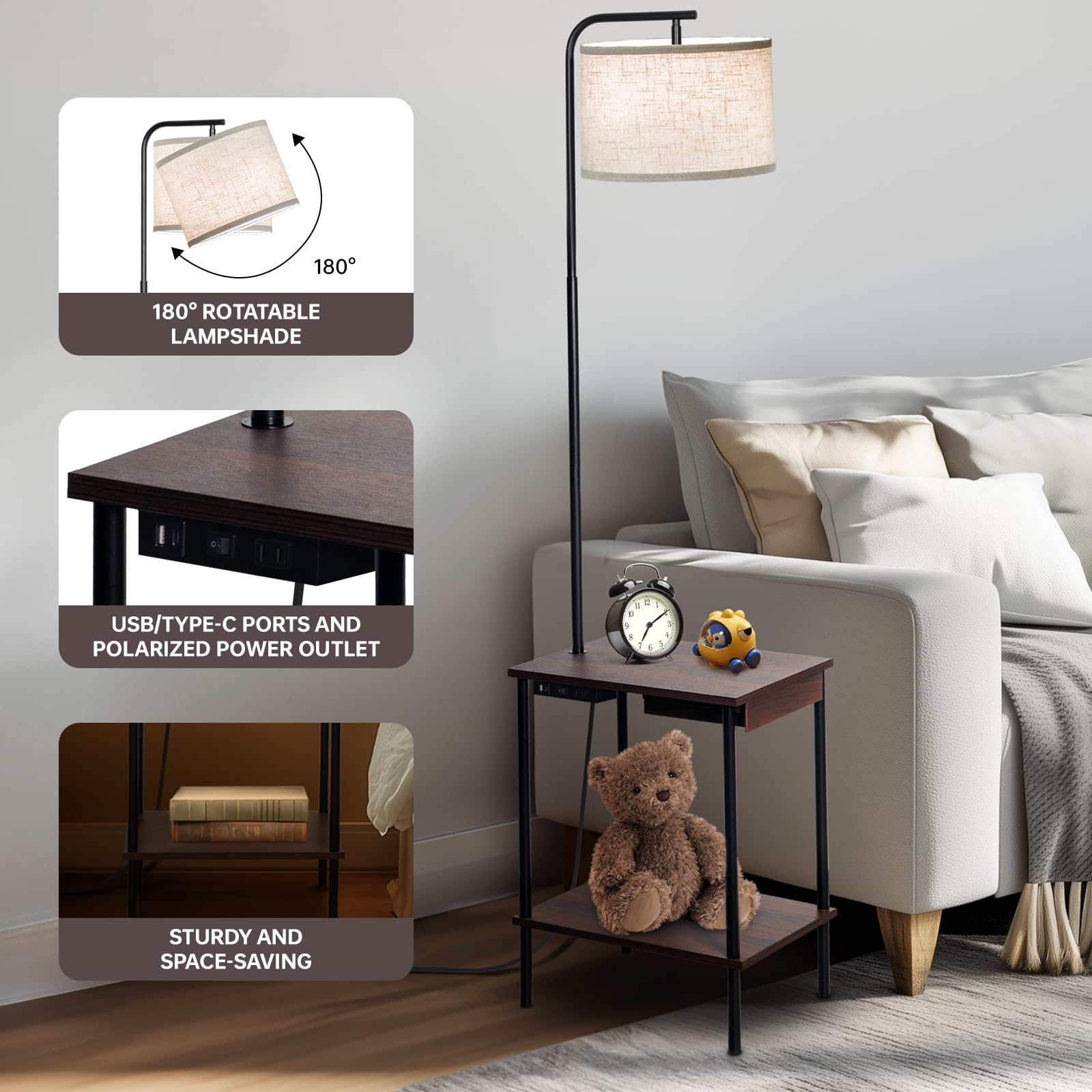 EOEYYOYB Floor Lamp with Table & Drawers, USB Charging Port, 3 Color Temperatures, Walnut