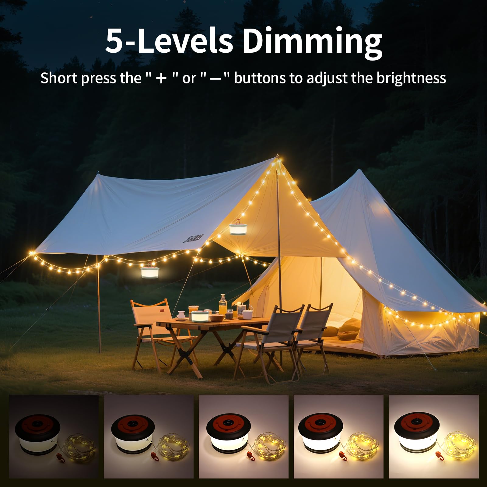 Phylosal Camping String Lights, 3 in 1 Outdoor Light, 6 Modes, 32.8FT, Rechargeable, Green&Orange, Model Ph-L26-Warm-Green&