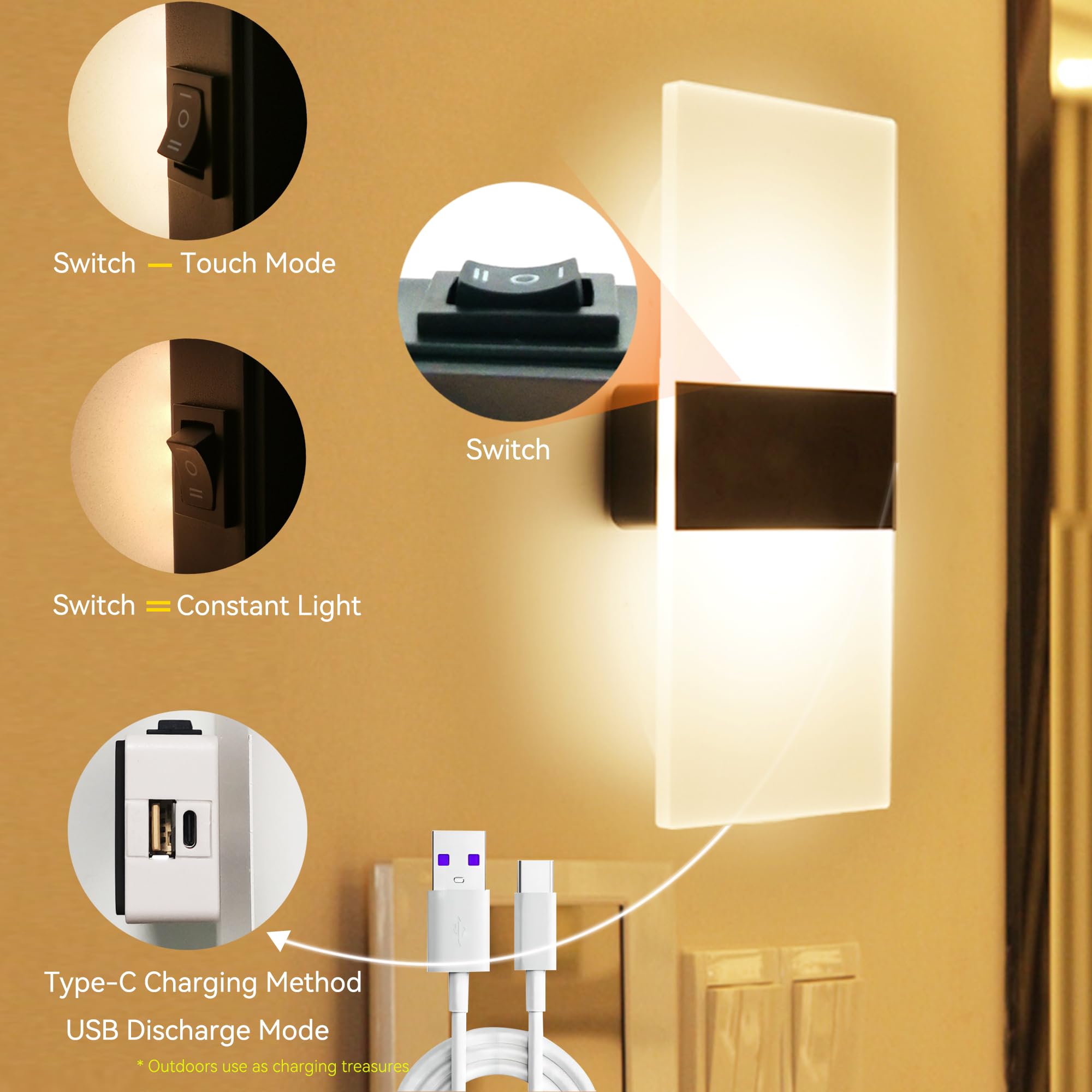 Felrelwel Modern Wall Sconces,Rechargeable Usb Battery Operated,2 Pcs Acrylic Led Wall Lamp For Living Room Bedroom Hallway,Three Level Light Adjustment,Bedside Lights,Touch Control Switch White Light