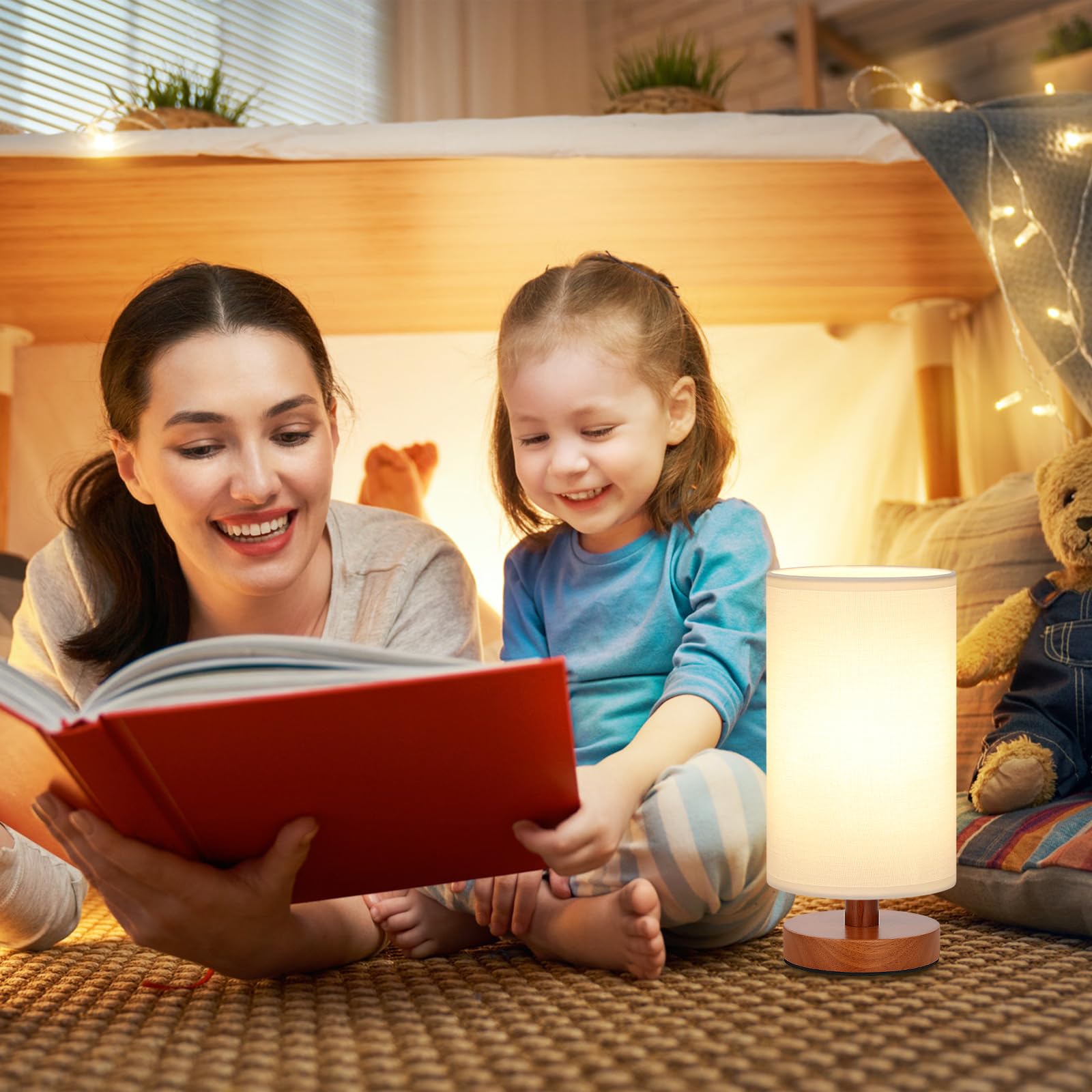 Fenmzee Small Table Lamp For Bedroom - Inline Control, Bedside Lamp With 3000K A15 Led Blub, Easy Assembly (White Shade - Walnut