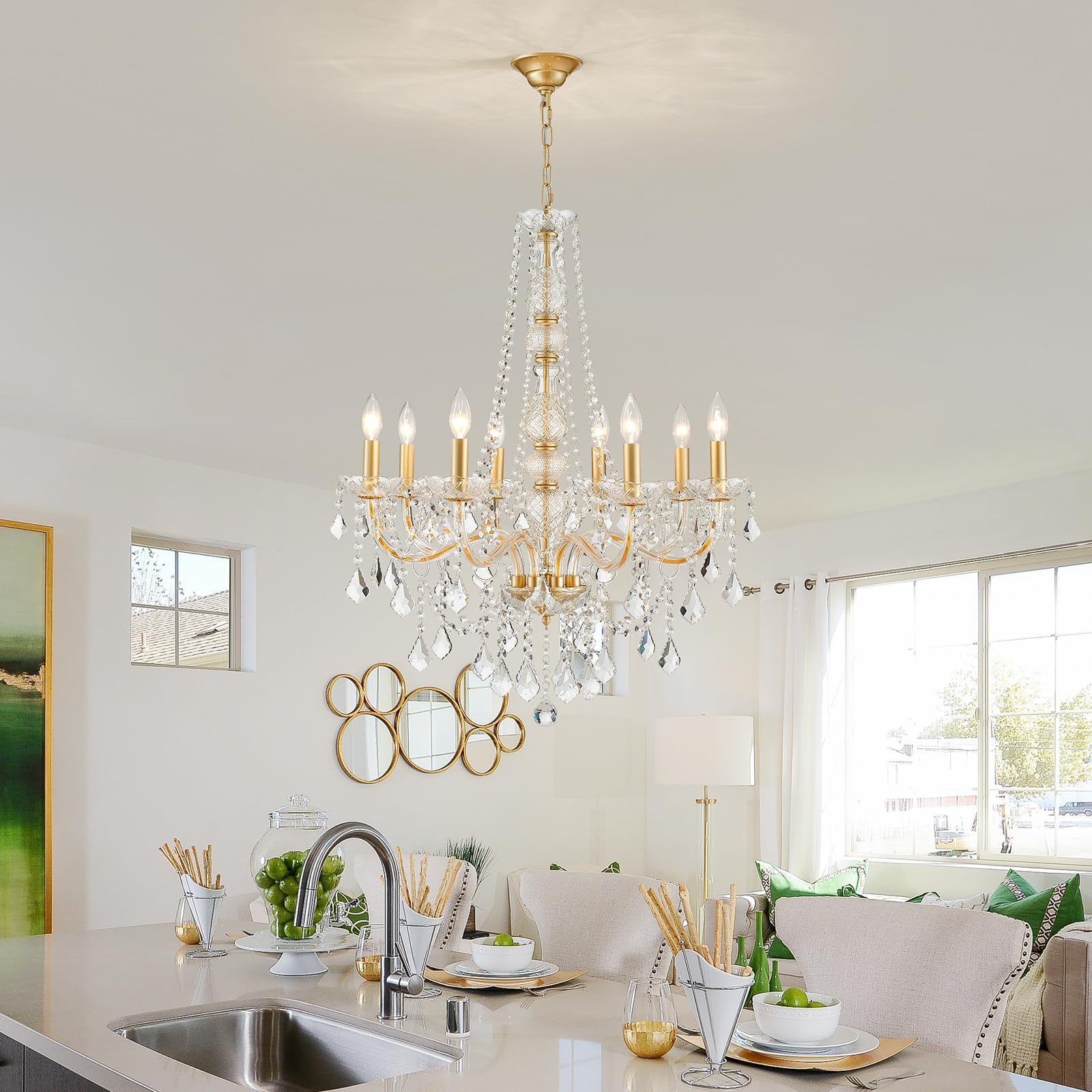 Wuzups 8-Light Crystal Candle Chandelier Pendant Ceiling Light Modern Lighting Fixture For Bedroom Hallway Bar Kitchen Bathroom  H 35.4 W 27.6  E12 Base  Gold