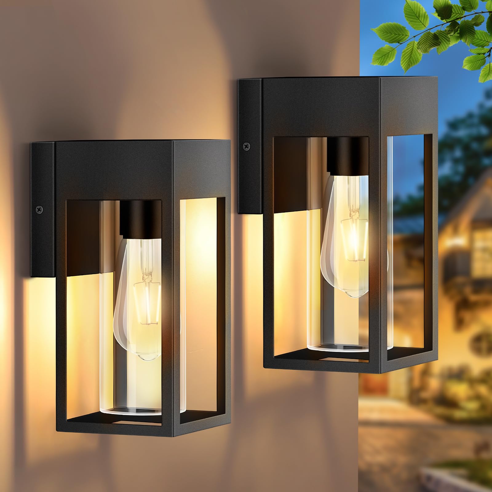 Lwsoy 2-Pack Outdoor Wall Light Fixtures, Exterior Waterproof Lanterns, Porch Sconces Wall Mounted Lighting With E26 Sockets & Glass Shades, Modern Matte Black Wall Lamps For Patio Front Door Entryway