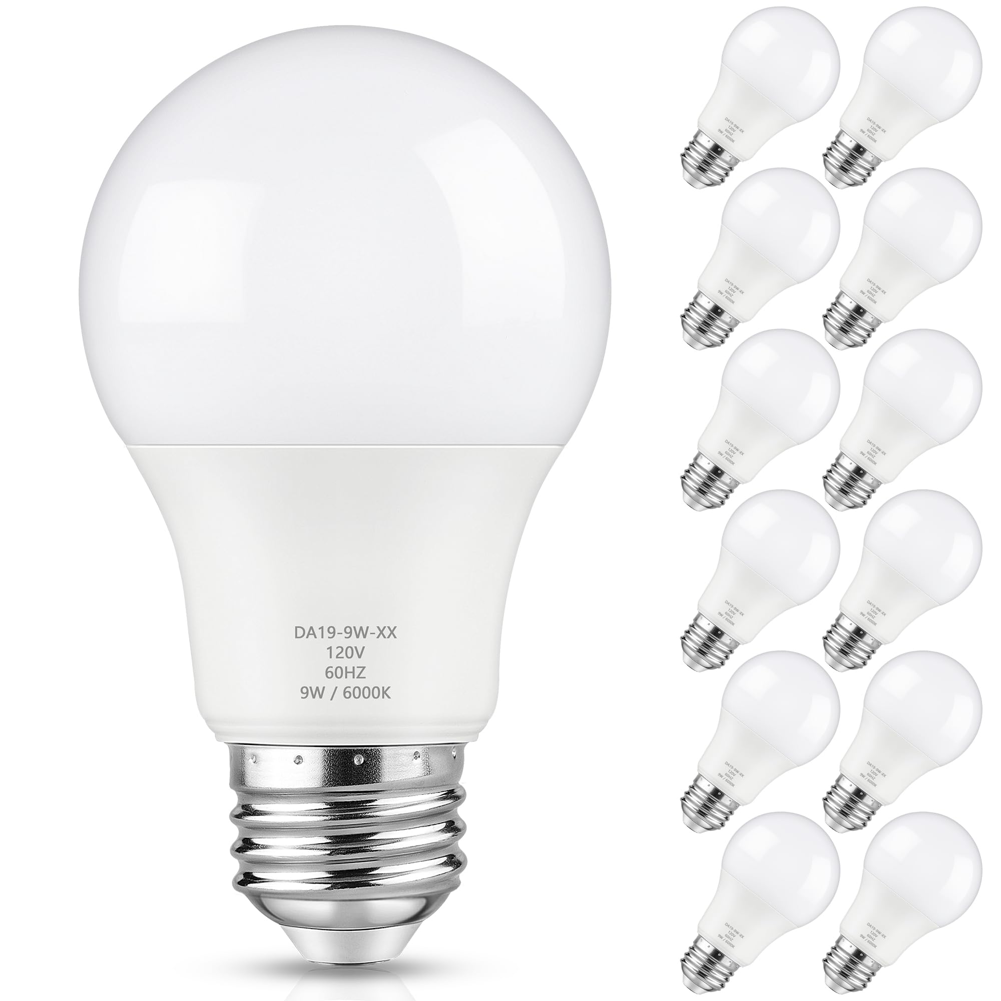 Maylaywood A19 Led Light Bulbs, 60 Watt Equivalent, Cool White 6000K, 900Lm, E26 Base, Dimmable, 9W Bright White Led Bulb, 12-Pa