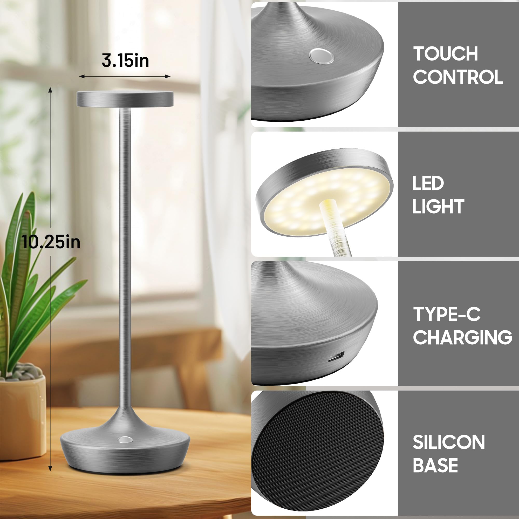 Sikevht Cordless Table Lamps, 2-Pack Led, 3-Color Dimming, Portable & Waterproof, Gray