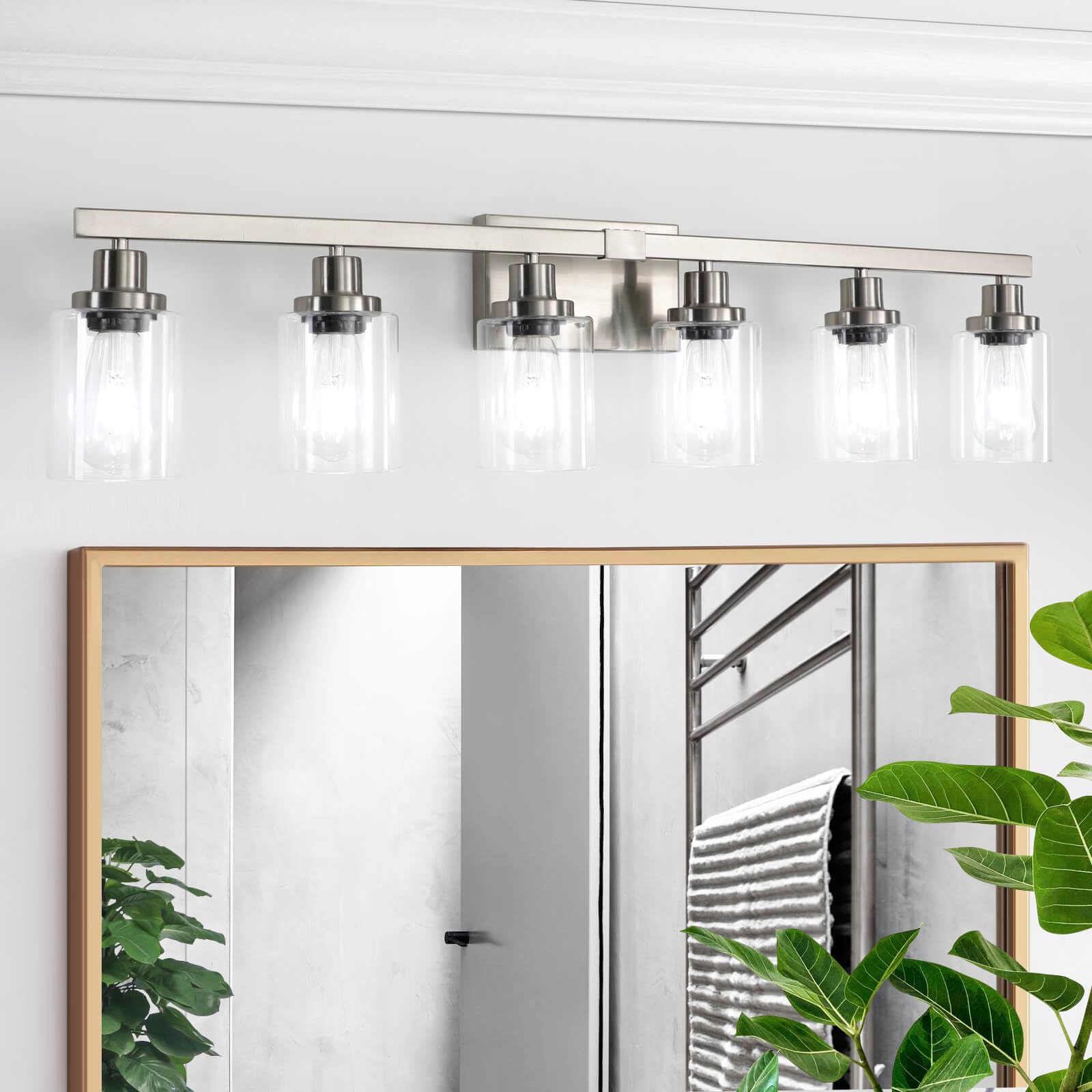 Dikaida 6-Light Bathroom Vanity Light, Nickel Metal Wall Sconce With Clear Glass Shade, Model Ns-6