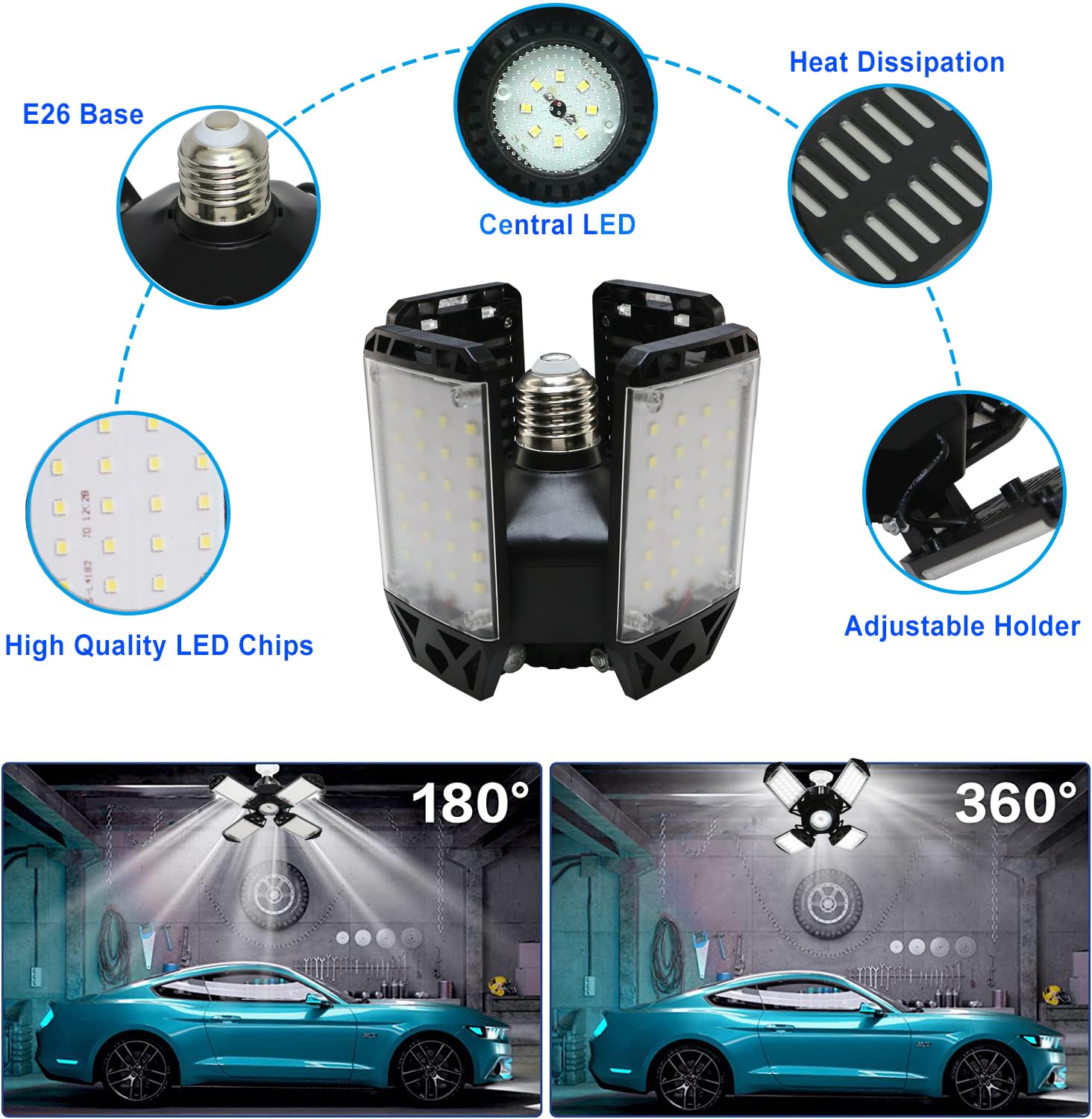 150W Led Garage Light - 15000 Lumen Ceiling Light With 4+1 Adjustable Panels  Daylight Led Shop Light Bulb Fixture For Garage  Workshop