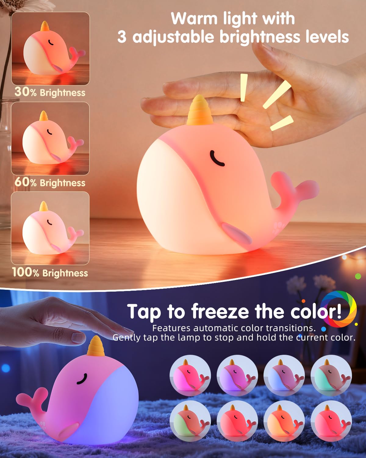 Fuloon Narwhal Night Light With Whale Shape  Squishy Silicone Kids Lamp  Safe & Soothing Touch Control For Kids And Babies  Usb-C Rechargeable  30-Min Auto Timer  Gift Idea (Pink)