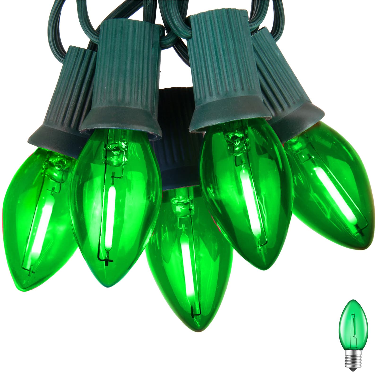 Green C7 LED Christmas String Lights, 25FT Shatterproof Christmas Lights with 25+1 Bulbs, Outdoor String Lights for Christmas Tr