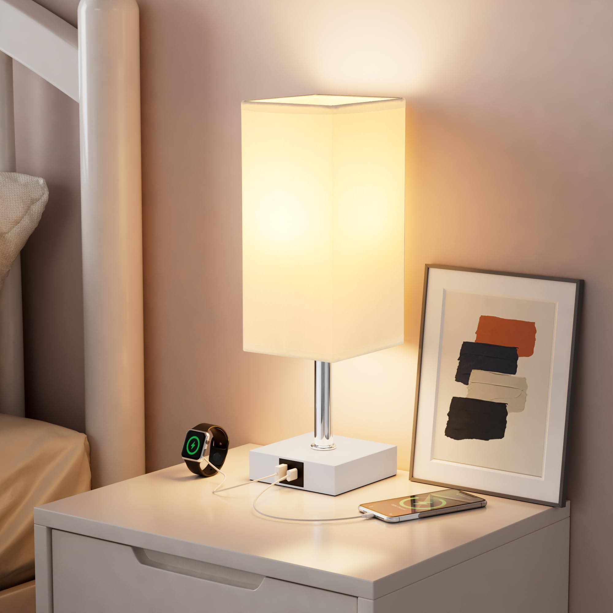 Ambimall Touch Control Table Lamp, USB A+C Ports, 3 Way, Metal, White Shade, Model RPT-1104