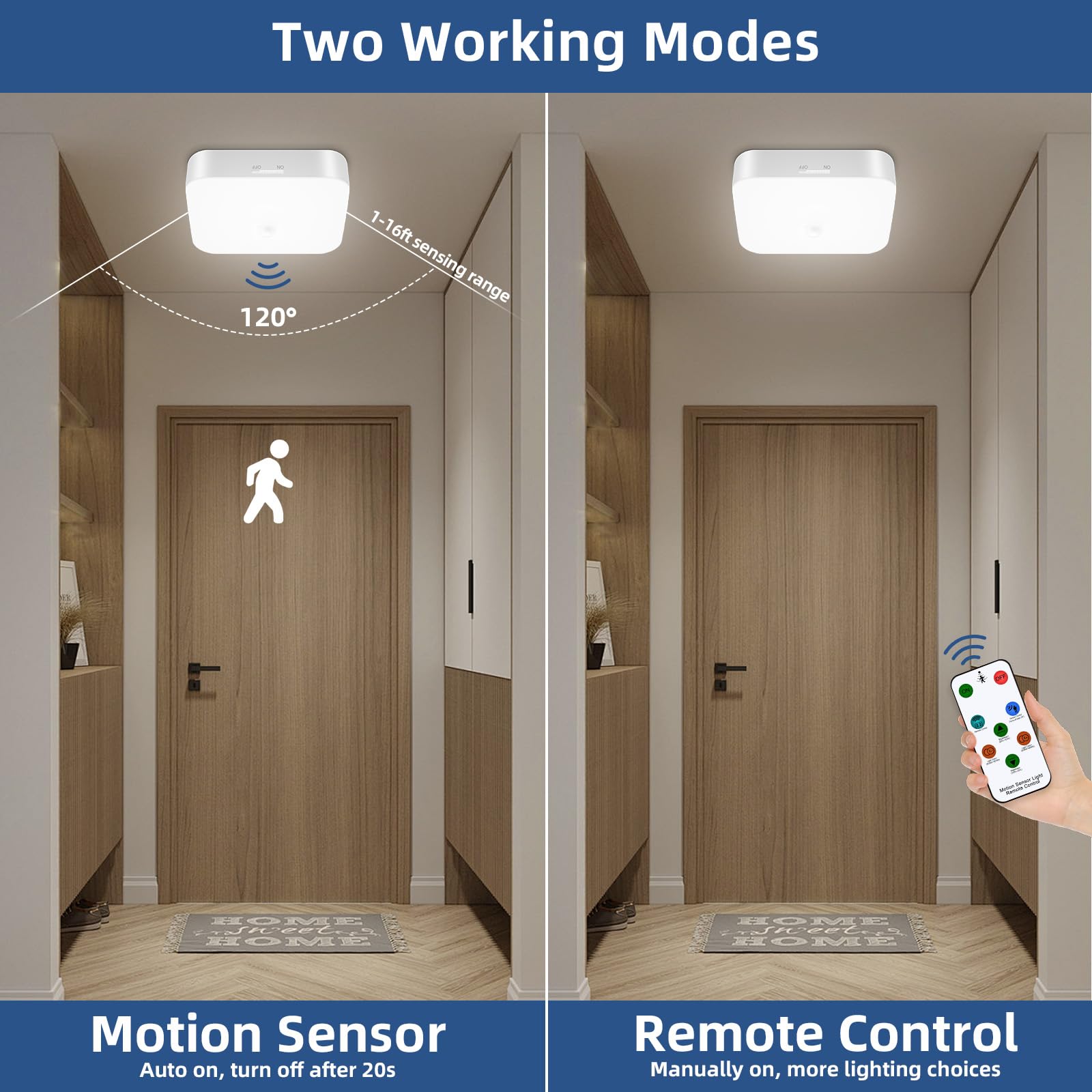Eneru Battery-Operated Motion Sensor Lights With Remote - Rechargeable Wireless Ceiling Light 500Lm Dimmable & 4Cct Led Motion Sensored Closet Light For Shower Bathroom Pantry Hallway Porch(2 Pack)