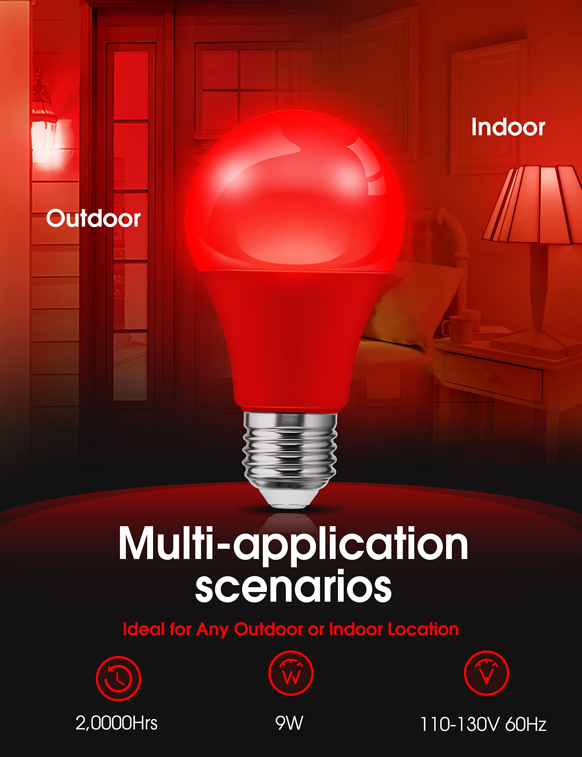 L Lohas Led Red A19 Light Bulbs, 9W (60W Equivalent), E26 Base, Non-Dim, 4 Pack, Indoor Christmas Decor