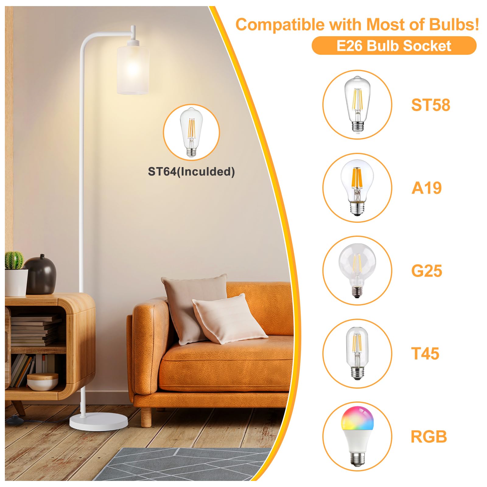 DINGLILIGHTING Floor Lamp - Modern White Standing Lamp with Frosted Glass Shade, 8W LED Bulb Included, Model WSFLL005-WH