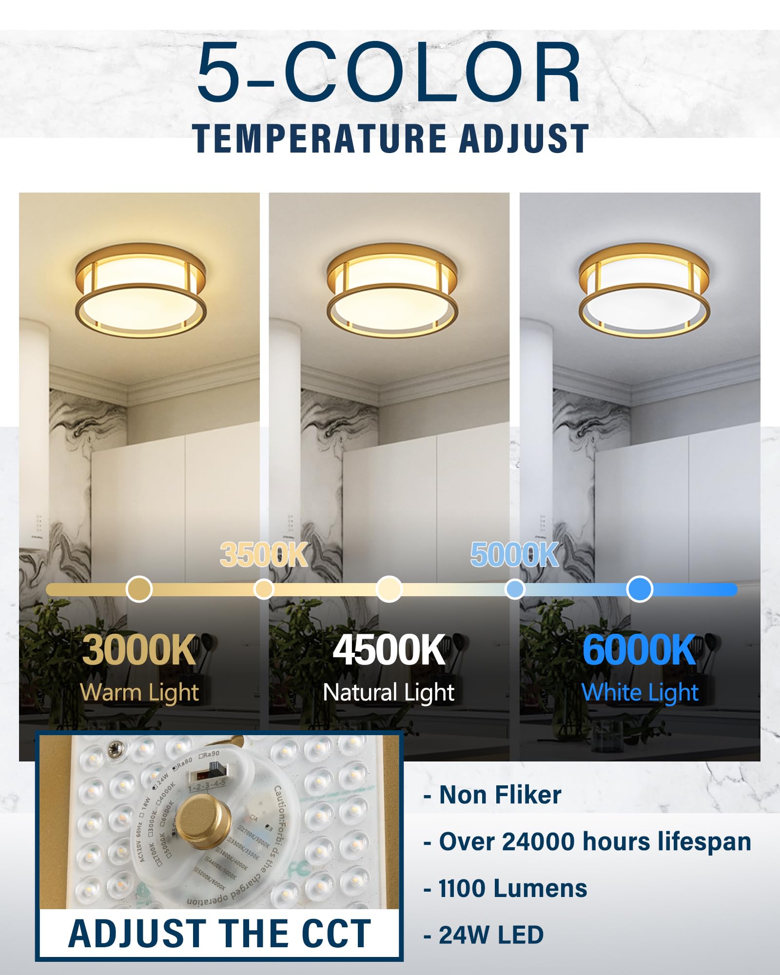 Hanass 12&quot; Flush Mount Ceiling Light, 24W Led, 1900 Lumen, Gold Frosted Glass, 5