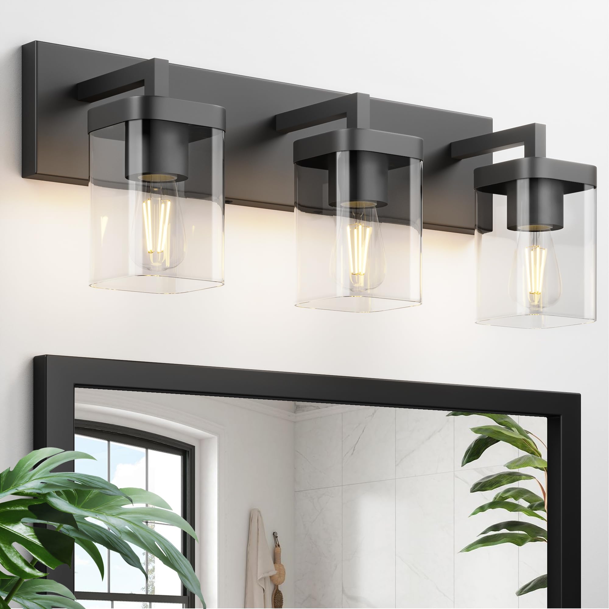 Danshinro Bathroom Lighting Fixtures Over Mirror, Square Design & Rectangle Large Backplate, 3 Lights Morden Vanity Lighting Fix