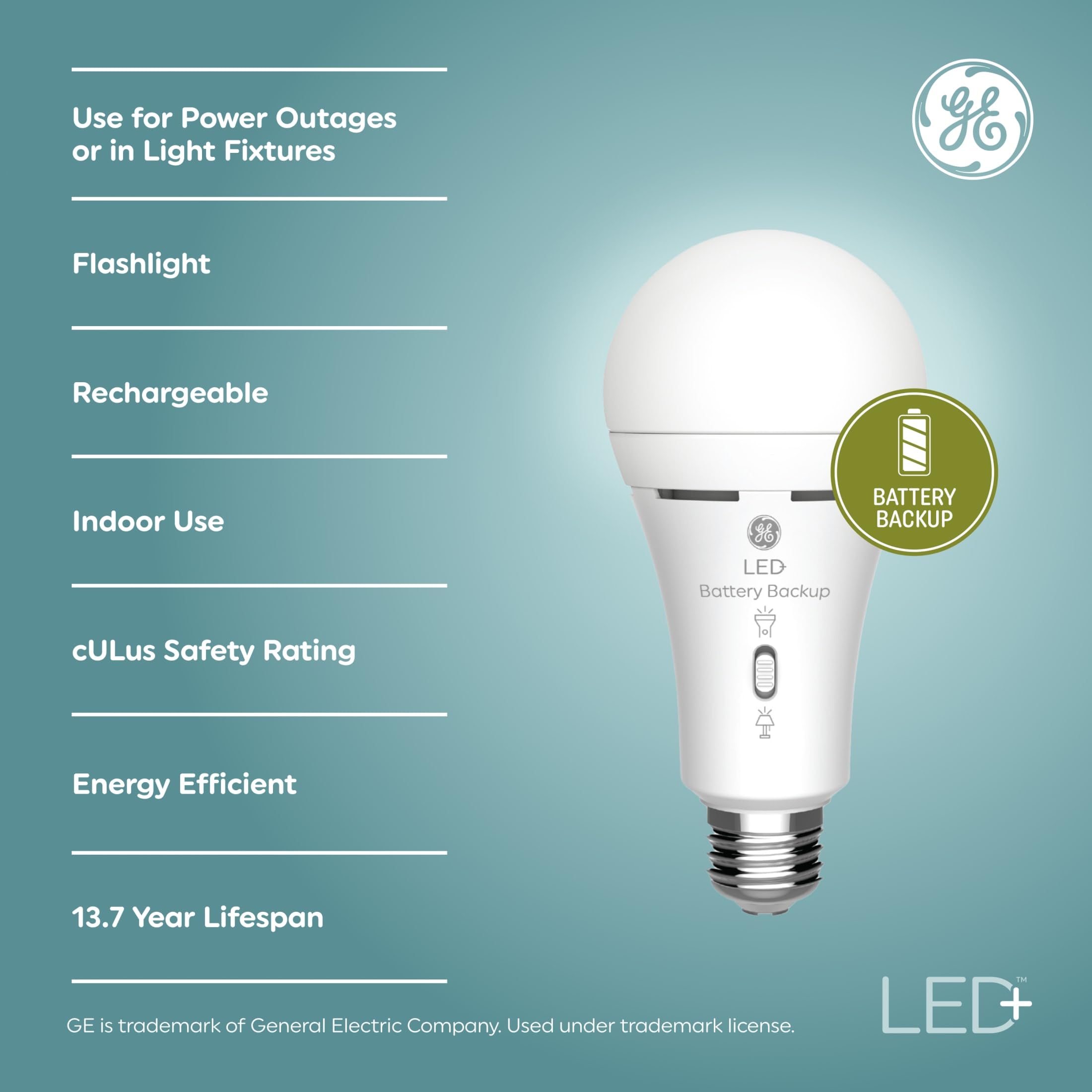 GE LED+ Rechargeable Emergency Light Bulb, 2 Pack A21 Standard, ABS Material for Power Outages, Model 93130526