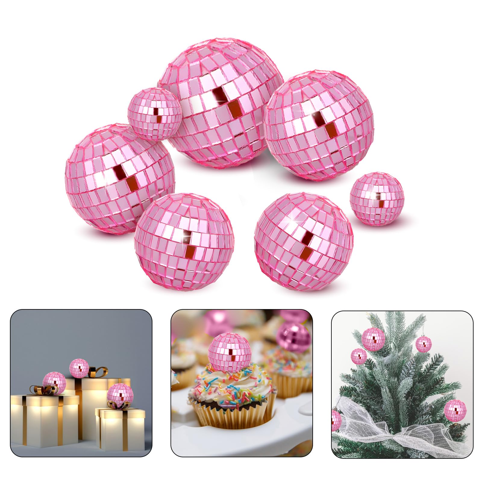 Abeillo Disco Ball Cake Topper Set, 7PCS Pink Foam Decorations, 70s Disco Theme, 4 Sizes