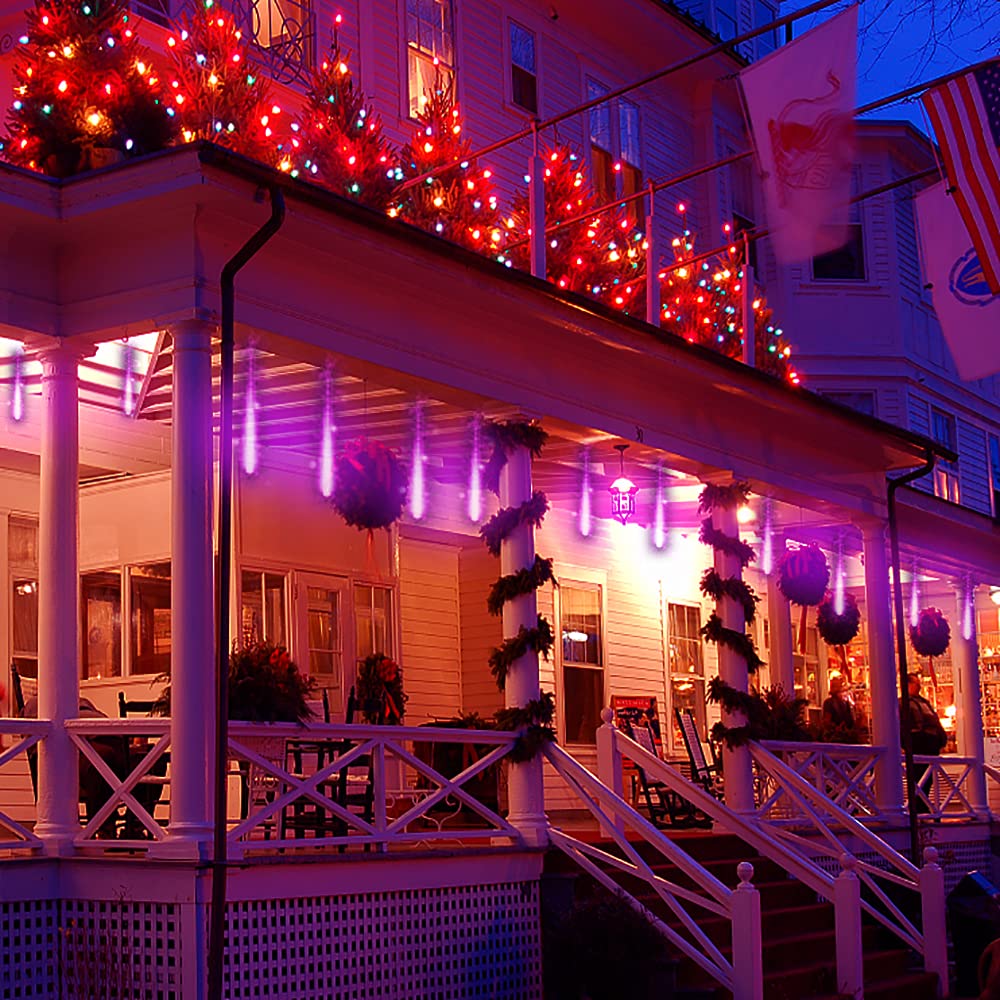 Aokudoni Halloween Decorations Outdoor, Upgraded 16Inch/40Cm Meteor Shower Rain Lights, Purple Icicle String Lights For Xmas Tree Decoration Holiday New Year Party, Ul Plug