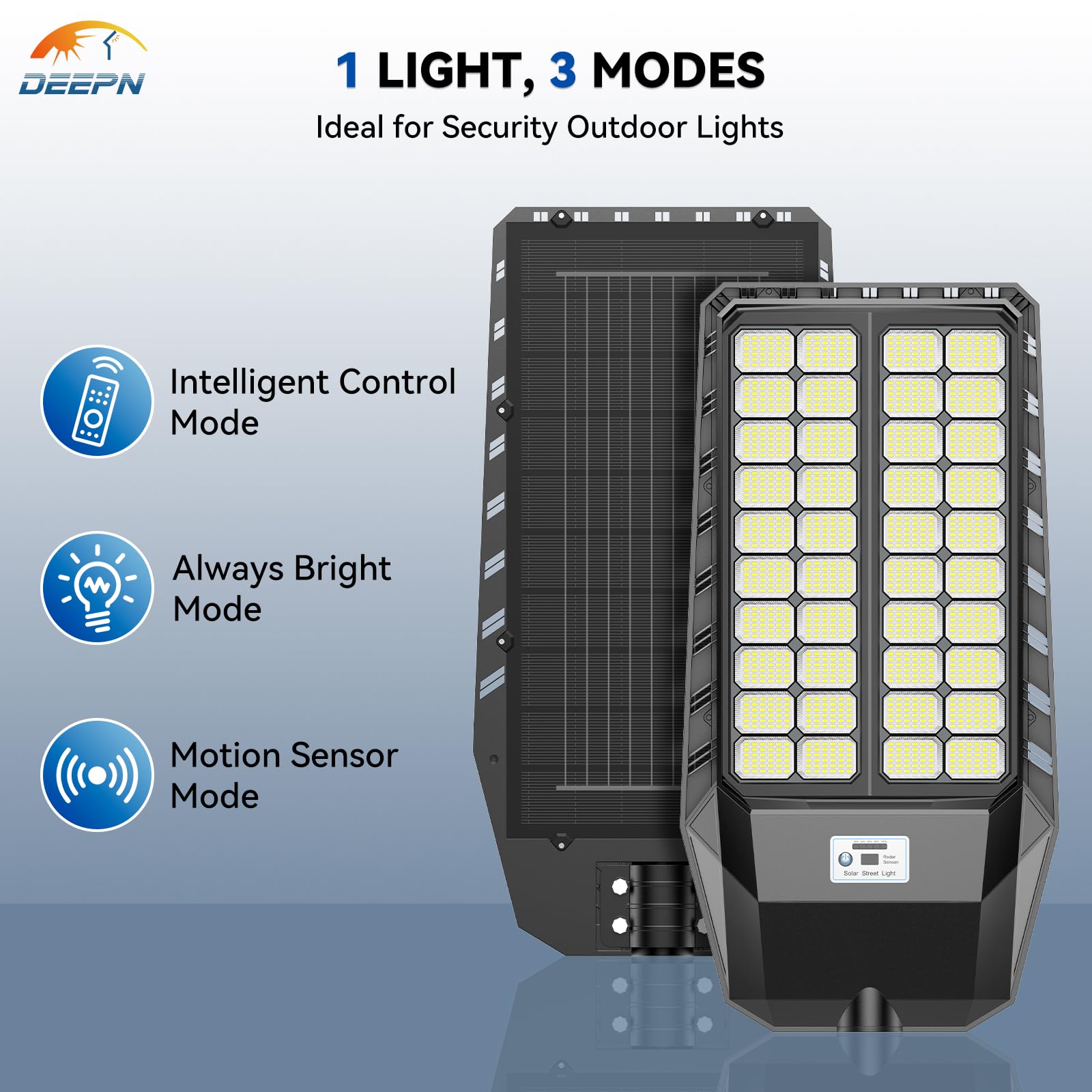 Deepn Ultra-Large Solar Street Light, 9000W IP67 Waterproof, Dusk to Dawn, Motion Sensor, Remote Control, Black, Model TW3601