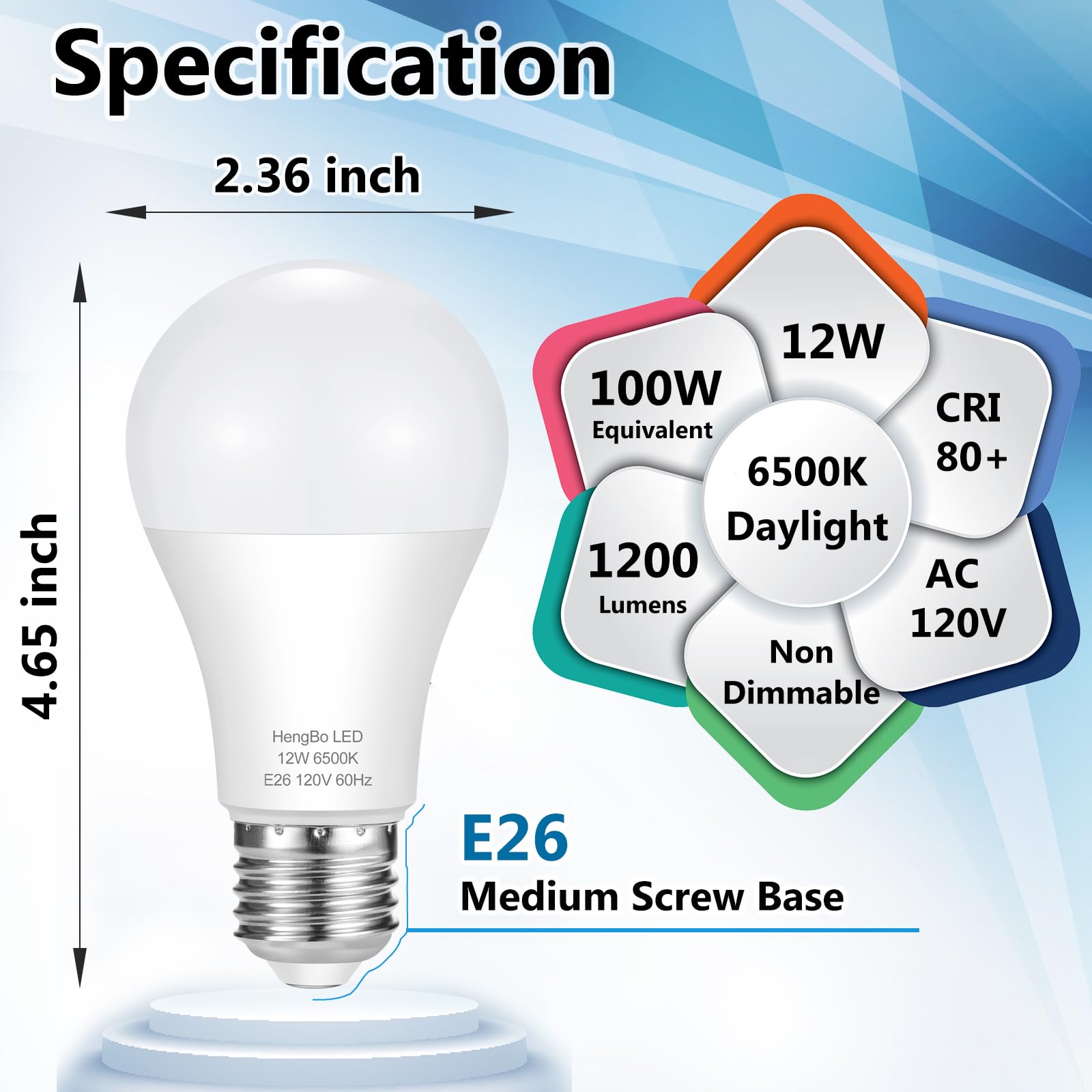 A19 Led Light Bulbs 100 Watt Equivalent, Hengbo 6500K Daylight White Light Bulb, 12W 1200 Lumens, Non-Dimmable, E26 Standard Med