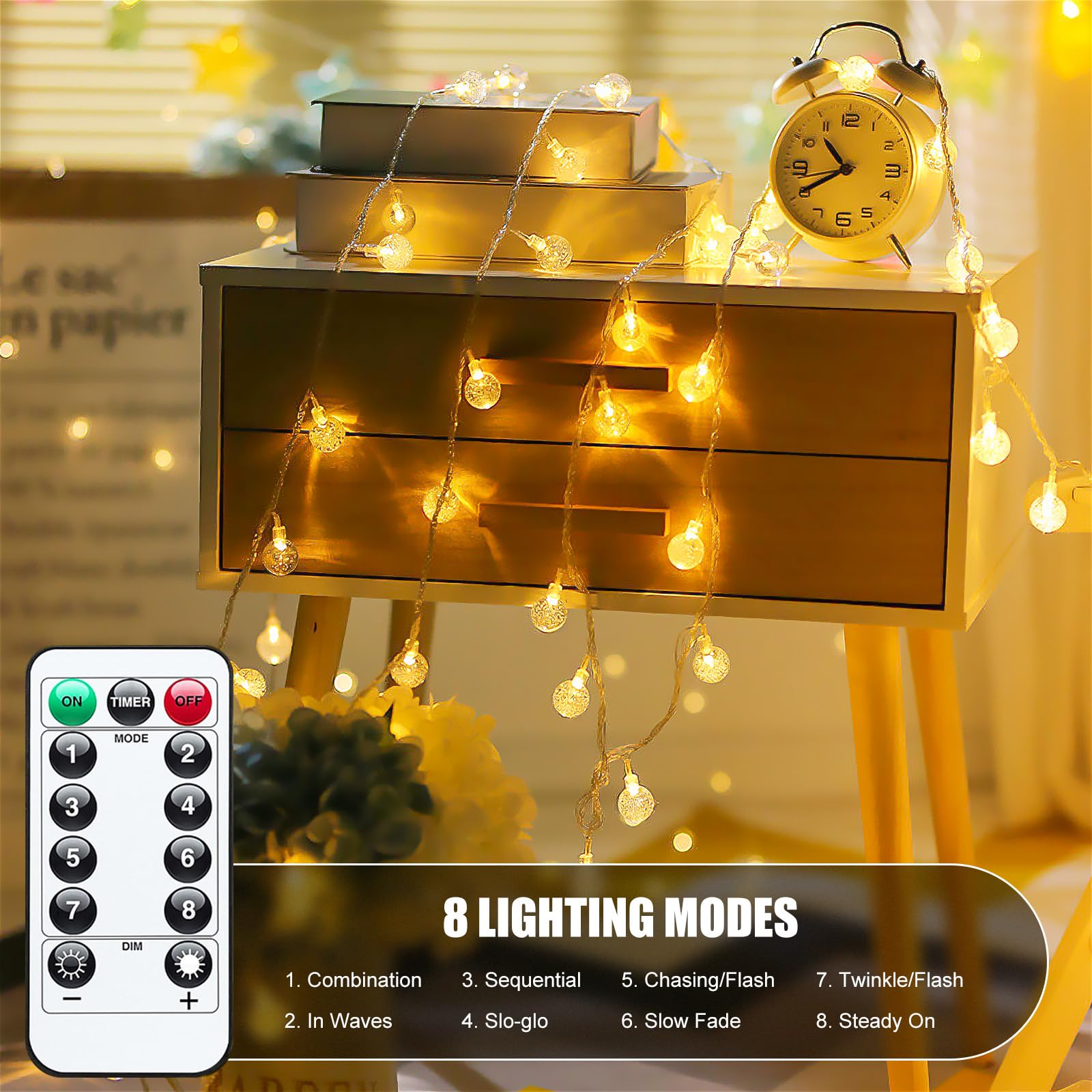 Minetom Crystal Globe String Lights, 33 ft, 60 LED, Waterproof, Battery Operated, Warm White, Remote with 8 Modes