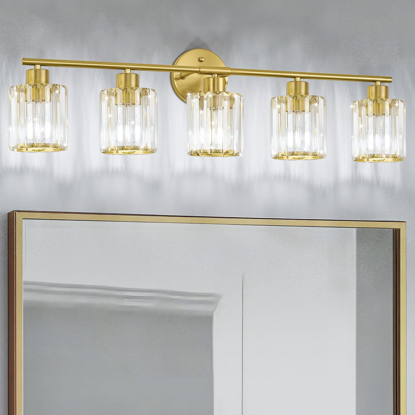 Kvhiiw Crystal Bathroom Light Fixtures,Bathroom Lighting Fixtures Over Mirror, Modern 5-Light Gold Vanity Lights for Mirror, Res