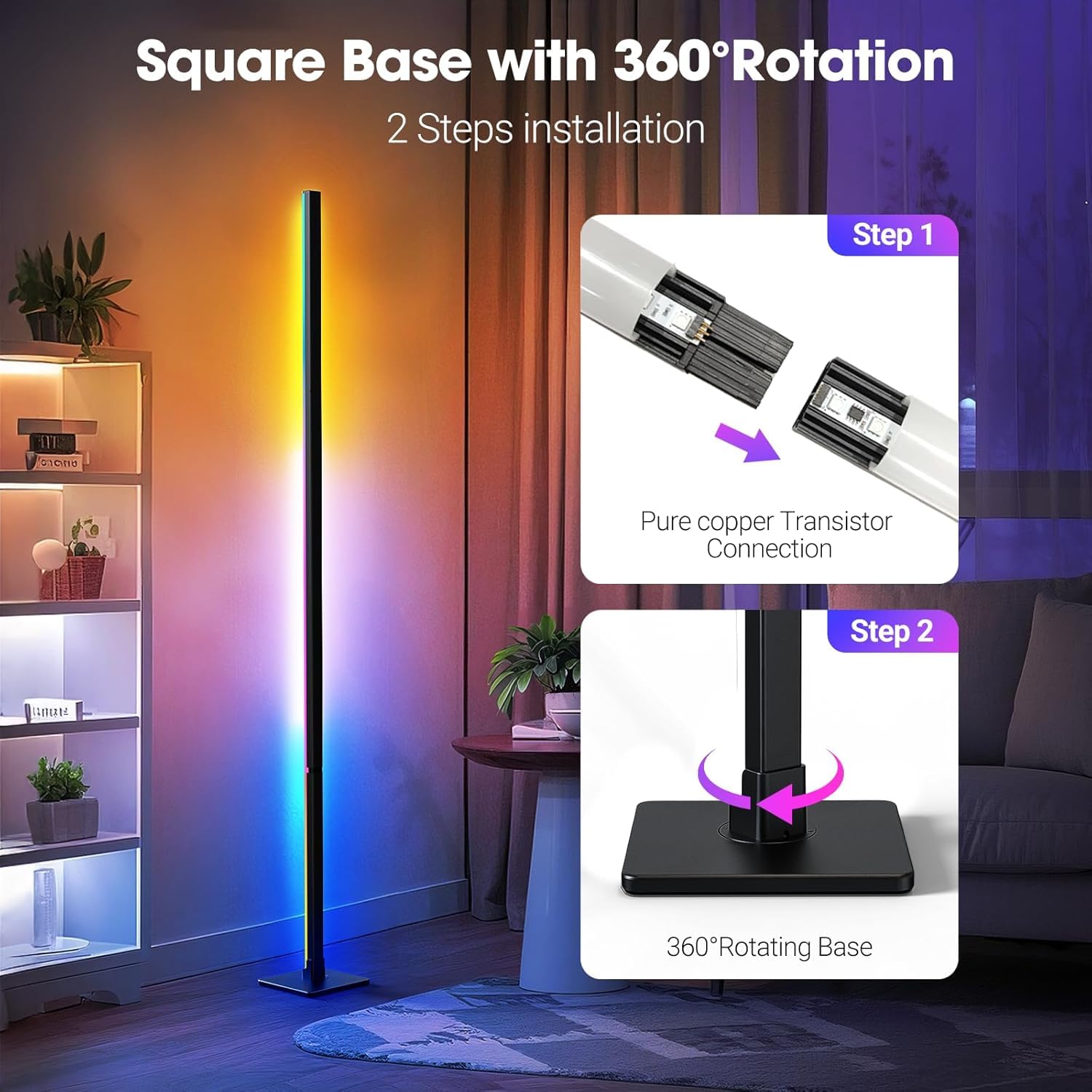 ibaye RGBICW Floor Lamp, 60 Inch Detachable Corner Light, Iron, Black, Compatible with Alexa & Google Assistant