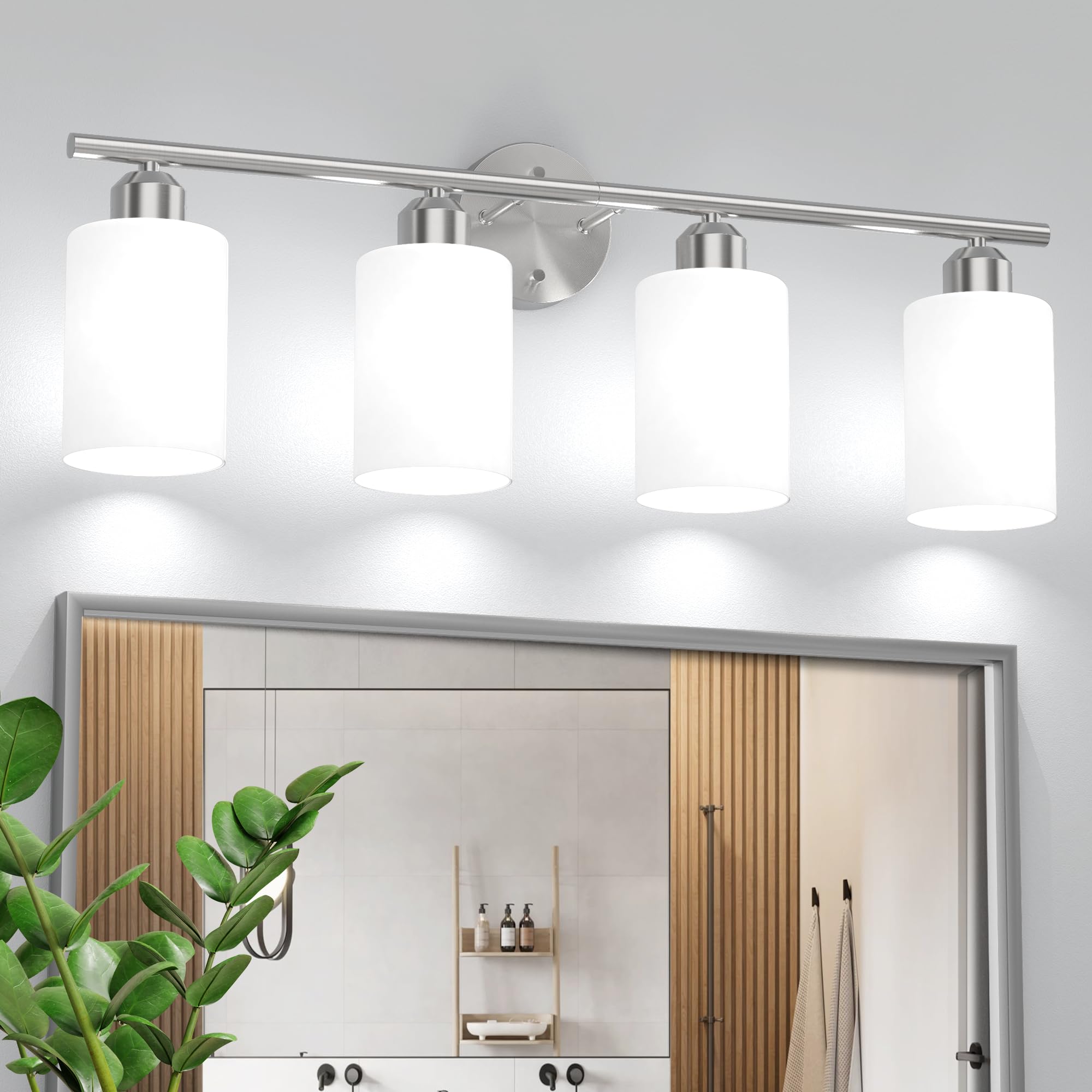 Espird Brushed Nickel Bathroom Vanity Light Fixtures, 4 Lights, Textured Frosted Opal Glass Shades, Model L01-4-NL-W