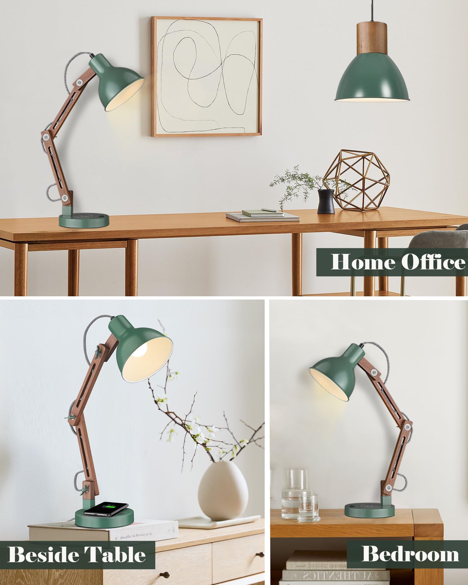 Elyona Led Desk Lamp With Wireless Charger, Sapele Wood, Vintage Green, Usb C, Bulb Included