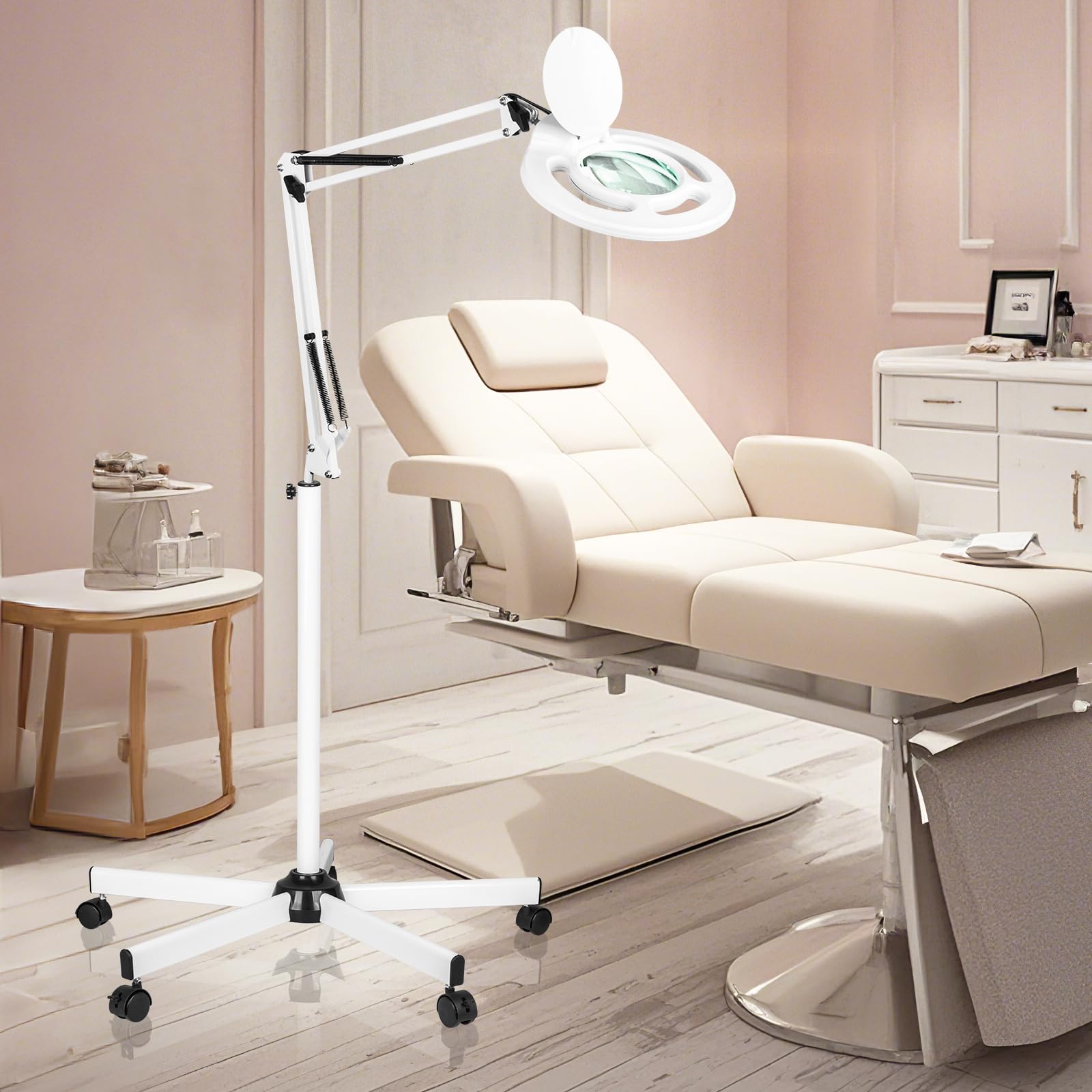 Hitti Esthetician Light With 10X Magnifier, 2200 Lumens Stepless Dimmable Magnifying Floor Lamp With 5 Wheel Rolling Base, Led L