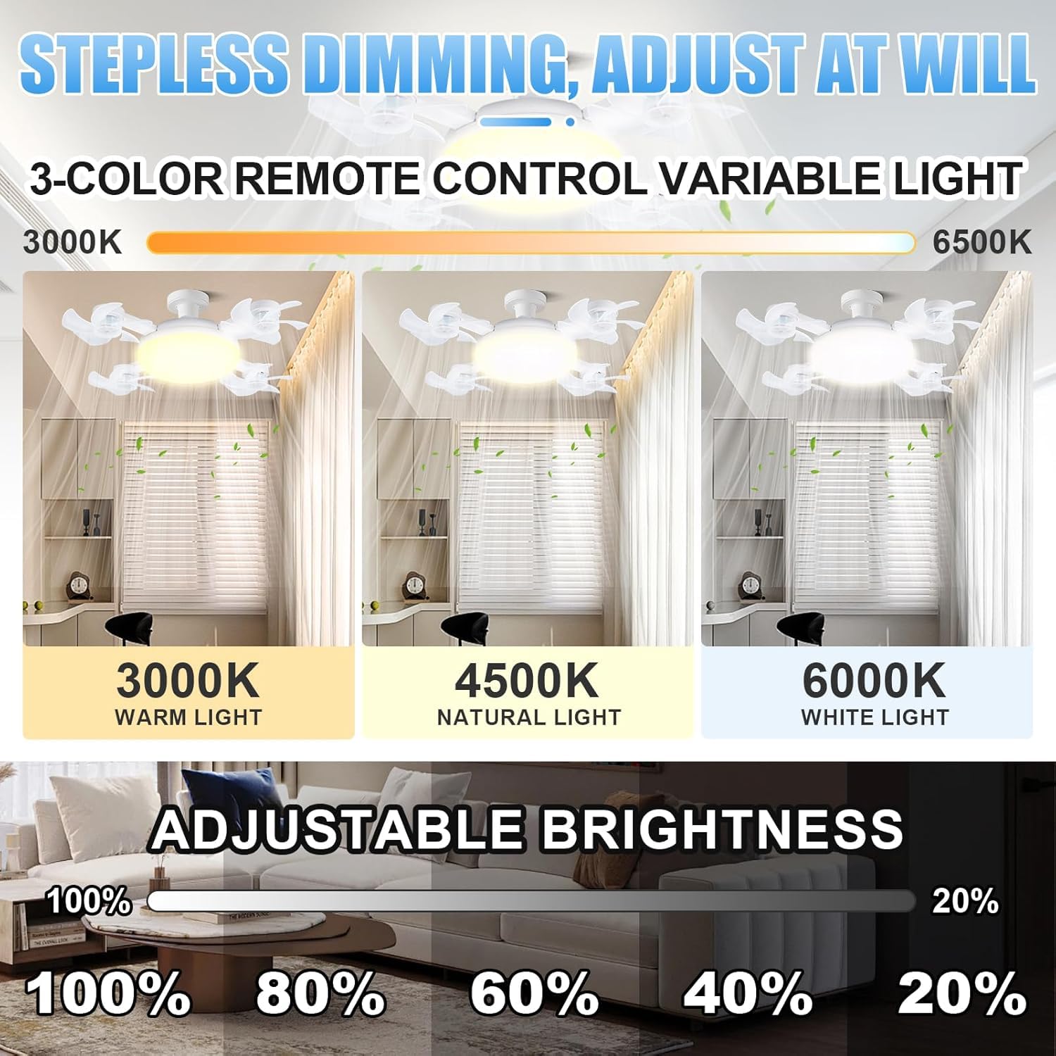Socket Fan Light with Lights Ceiling Fans with Remote and App Control 3 Colors 3000K-6500K 2800 Lumens Light Bulb Fan Screw in S