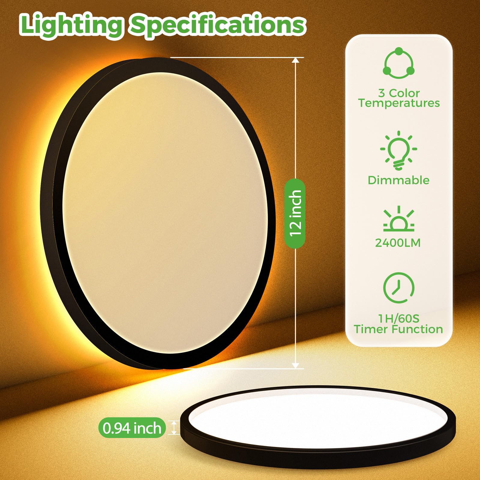 zemty 12 Inch LED Ceiling Light, Dimmable 1800K-6500K, Remote Control, 24W, Black, Model CLS30T