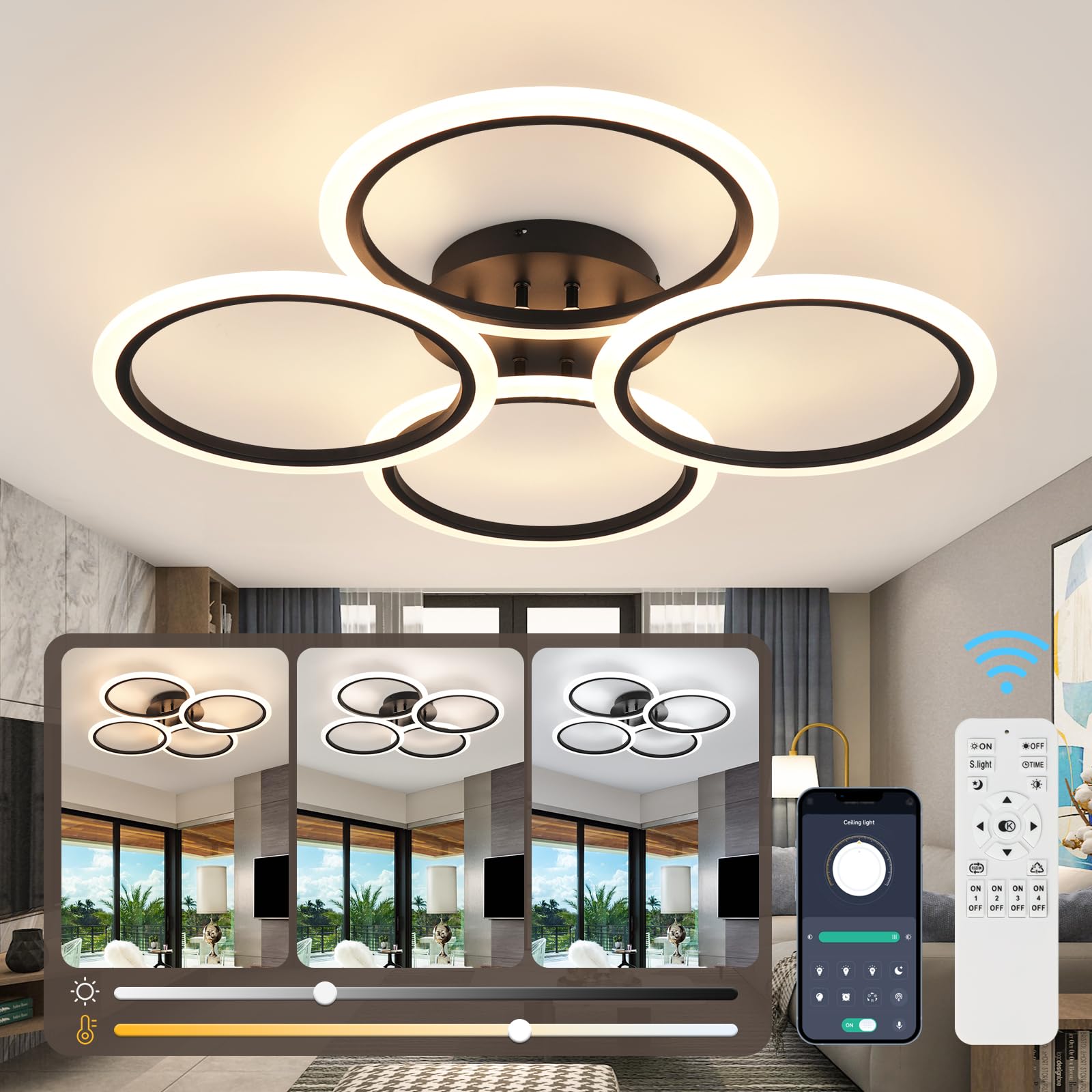 HLILCEH Modern LED Ceiling Light Fixture, Dimmable Acrylic 4 Rings, Remote Control, 28.74 inch, Black, Model CL-4QDBK-D