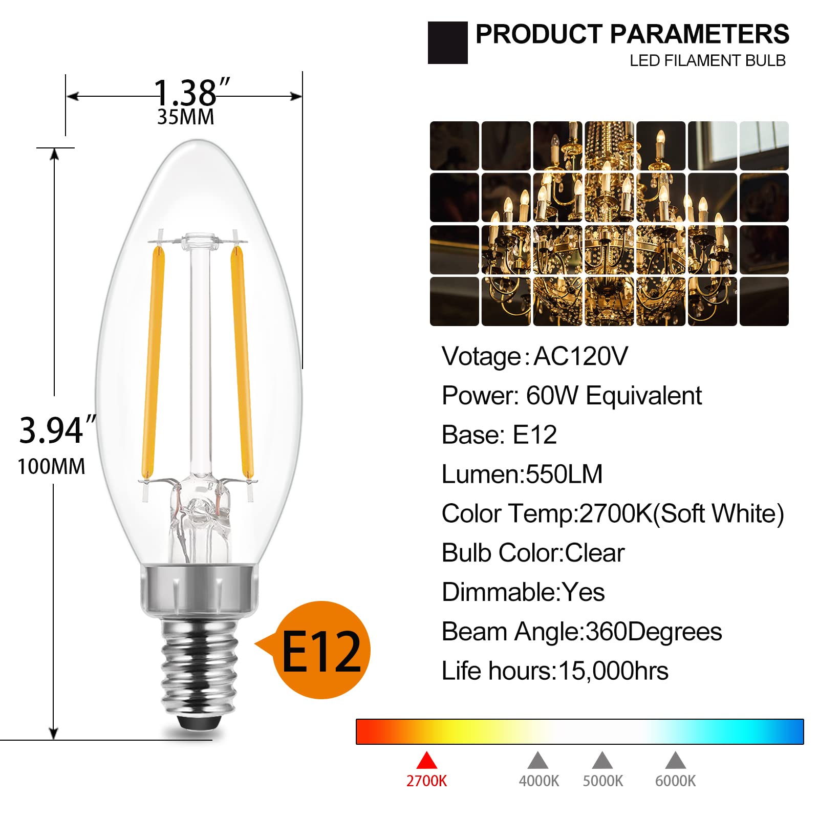 Energetic B11 E12 Candelabra LED Bulbs, Dimmable, Soft White 2700K, 60W Equivalent, 12 Pack, UL Listed