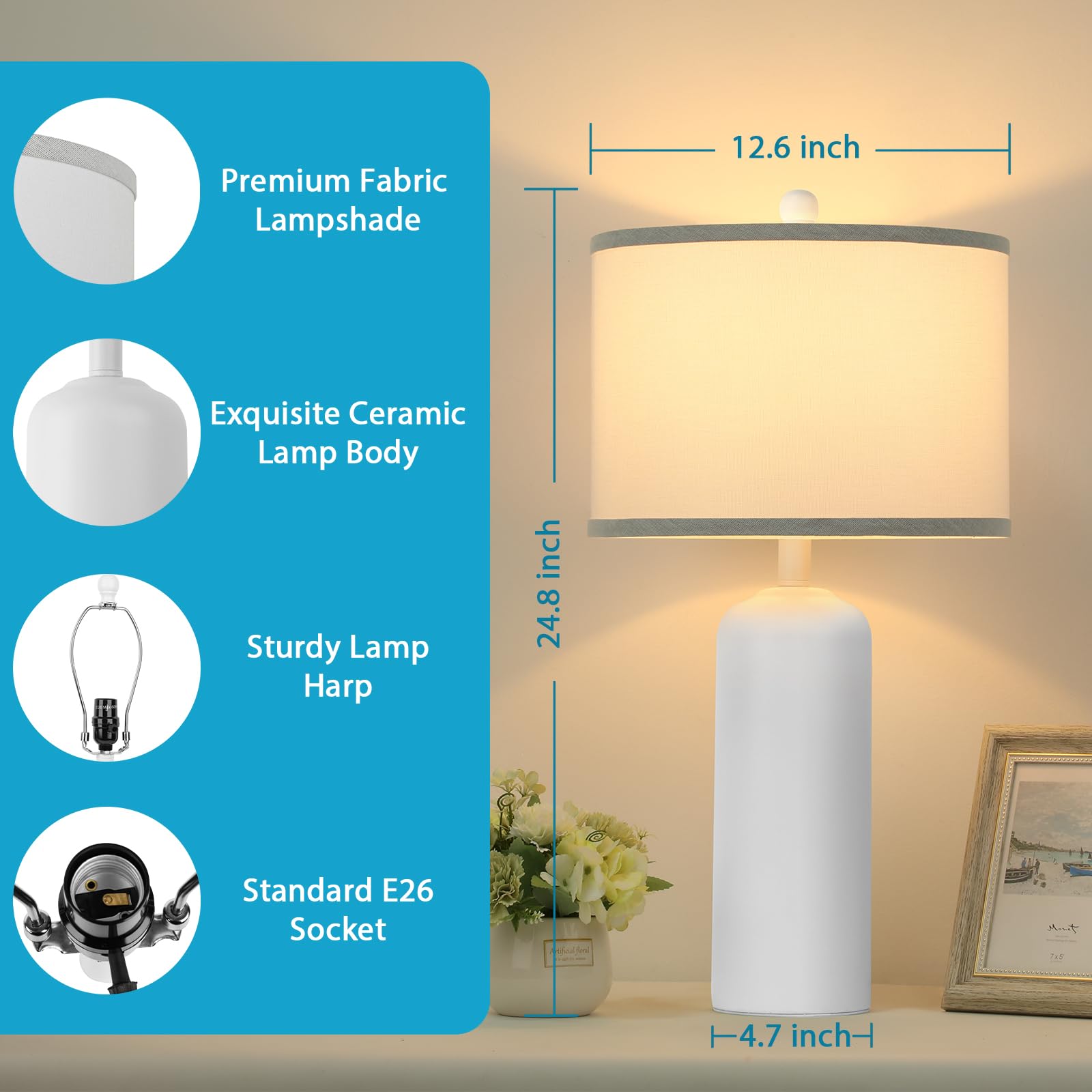 Gobright 24.8&quot; Ceramic Table Lamps Set Of 2, Modern White Bedside Nightstand Lighting