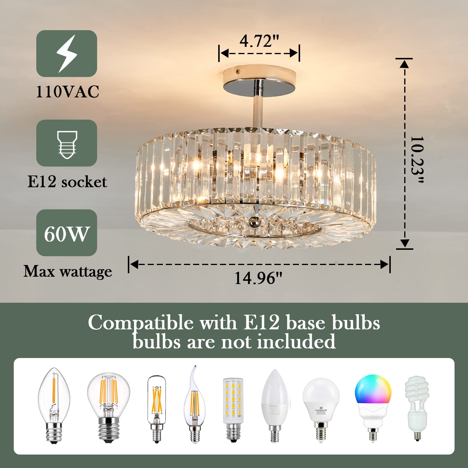 Piepooye Modern Crystal Chandelier - 4 Lights, Chrome Finish, Semi Flush Mount, Ideal for Dining Room, Living Room, Kitchen, Model R-2058