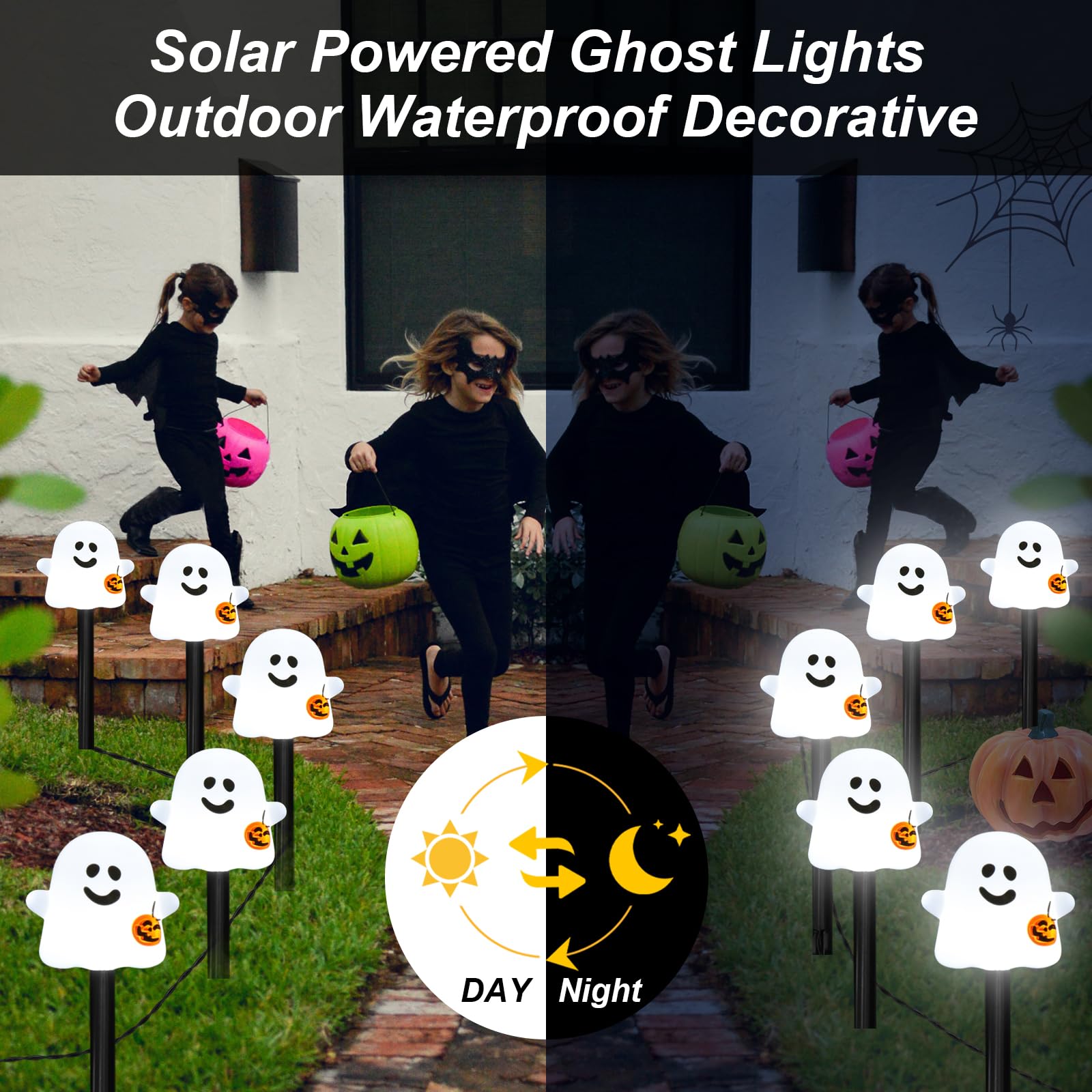 Solar Halloween Ghost Pathway Lights, 10 Pack Ghost Stake Lights With Pumpkin Design, Durable Waterproof Outdoor Halloween Decoration For Garden, Walkway, And Yard (10Pcs Pghost)