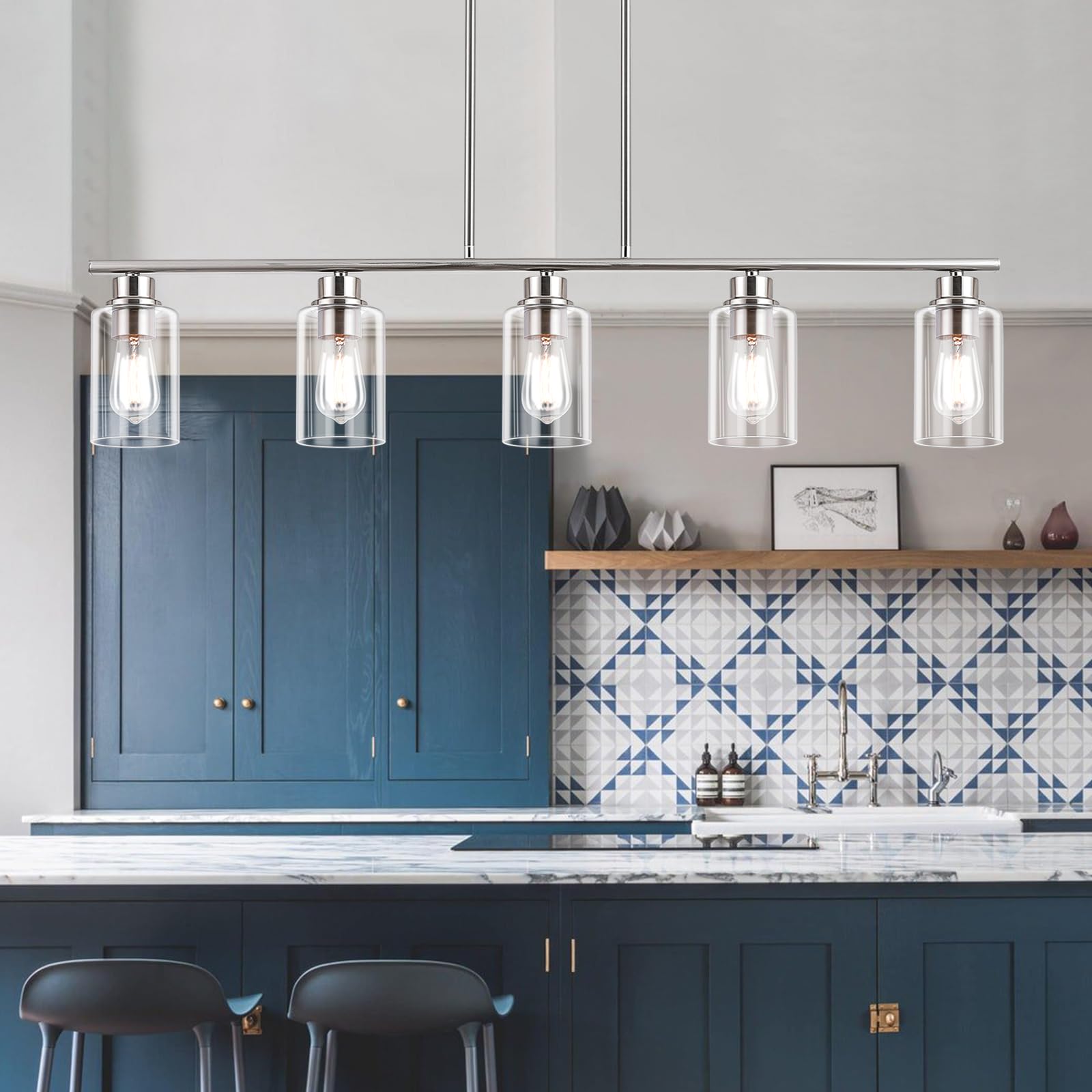Mavcadonf Kitchen Island Light, 5-Light Pendant Lighting, Farmhouse Dining Room Light Fixtures For Kitchen Island Dining Living Room, Brushed Nickel With Clear Glass Shade