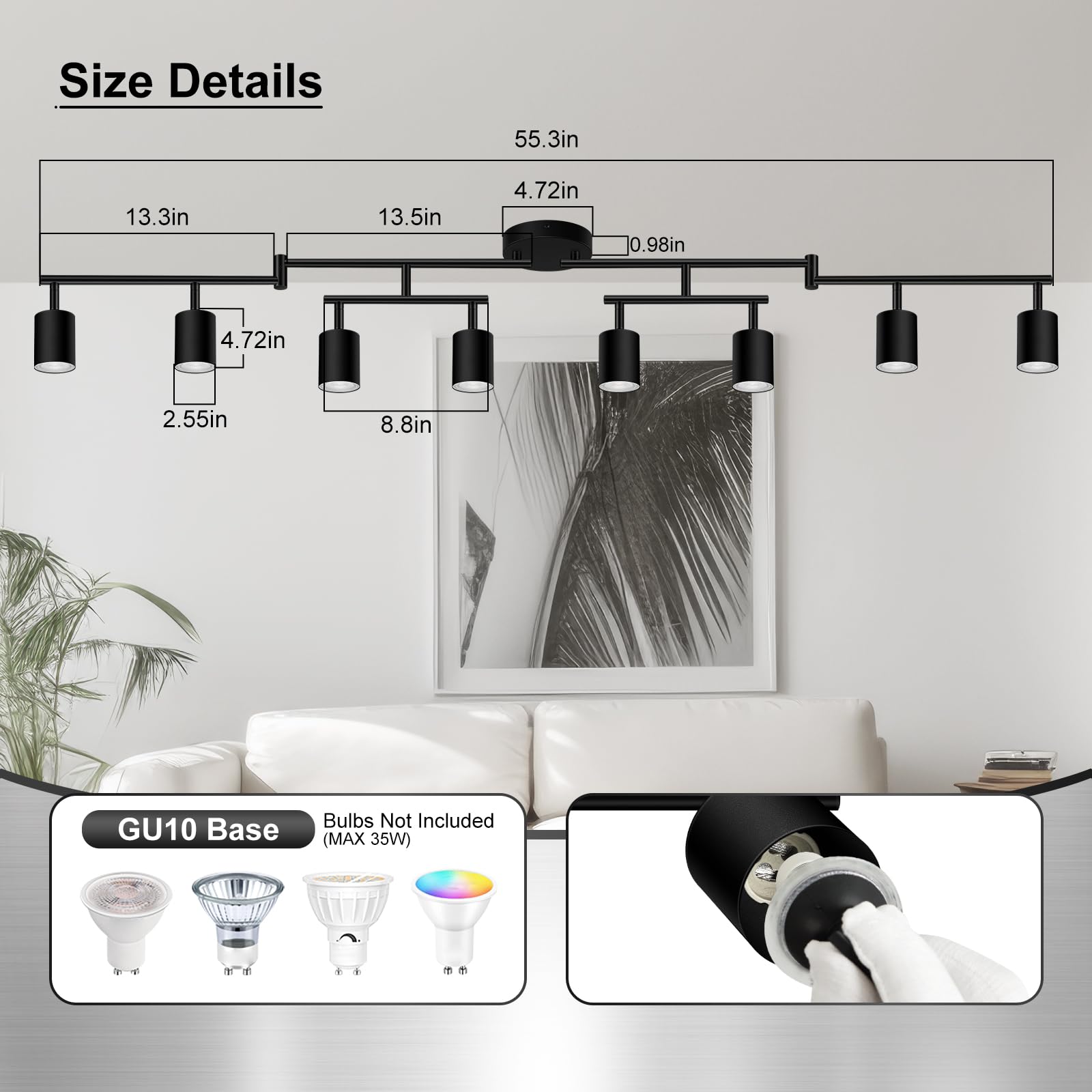 AUQUEE 8 Light Track Lighting Fixtures, Matte Black, Adjustable LED Lights for Kitchen/Hallway, Model AQC0681US, Metal Construction