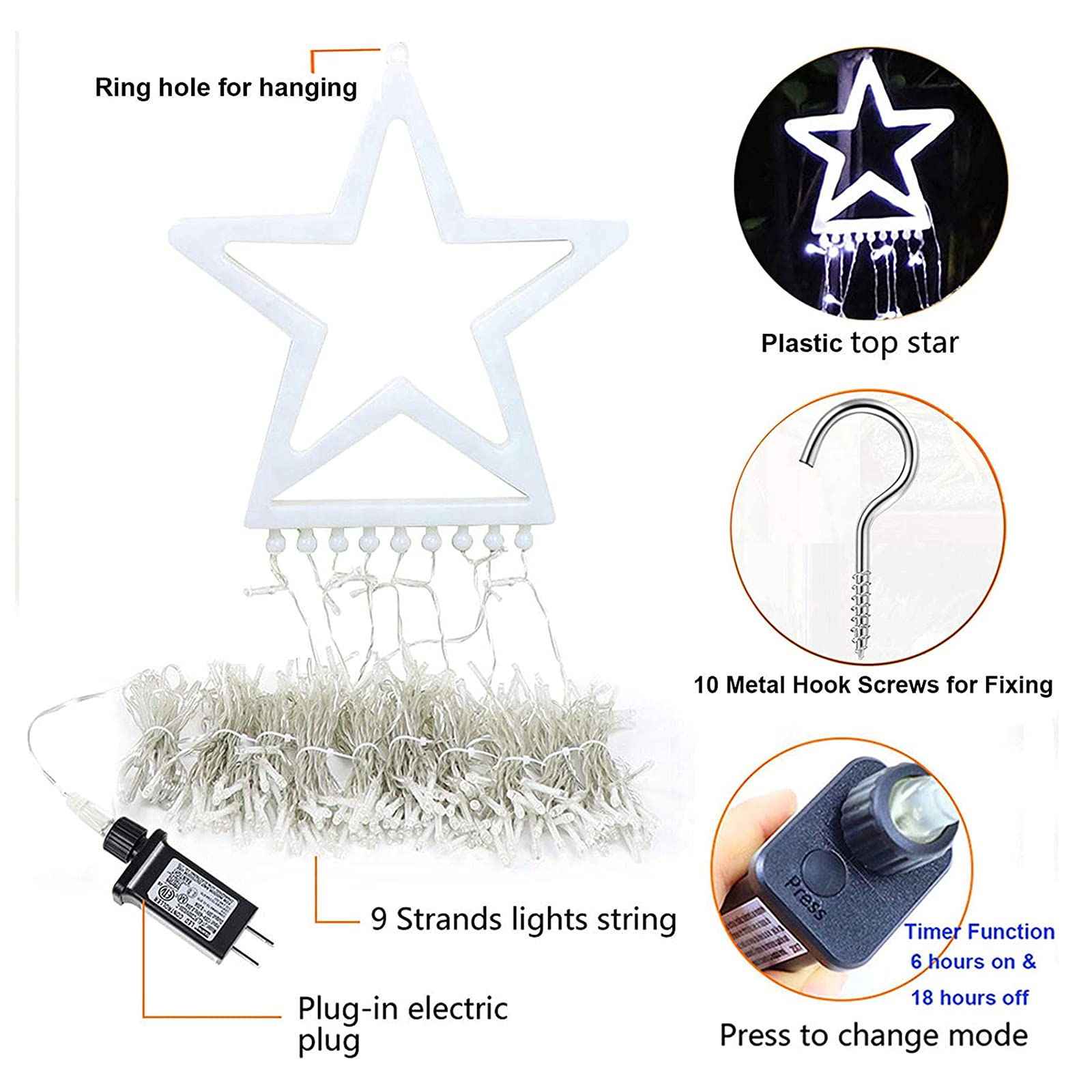 Cerflyer Christmas String Lights, 320 LED Waterfall Tree Lights, 11.5 Ft, Plastic-White, Model YLS1000WD01, 8 Light Modes