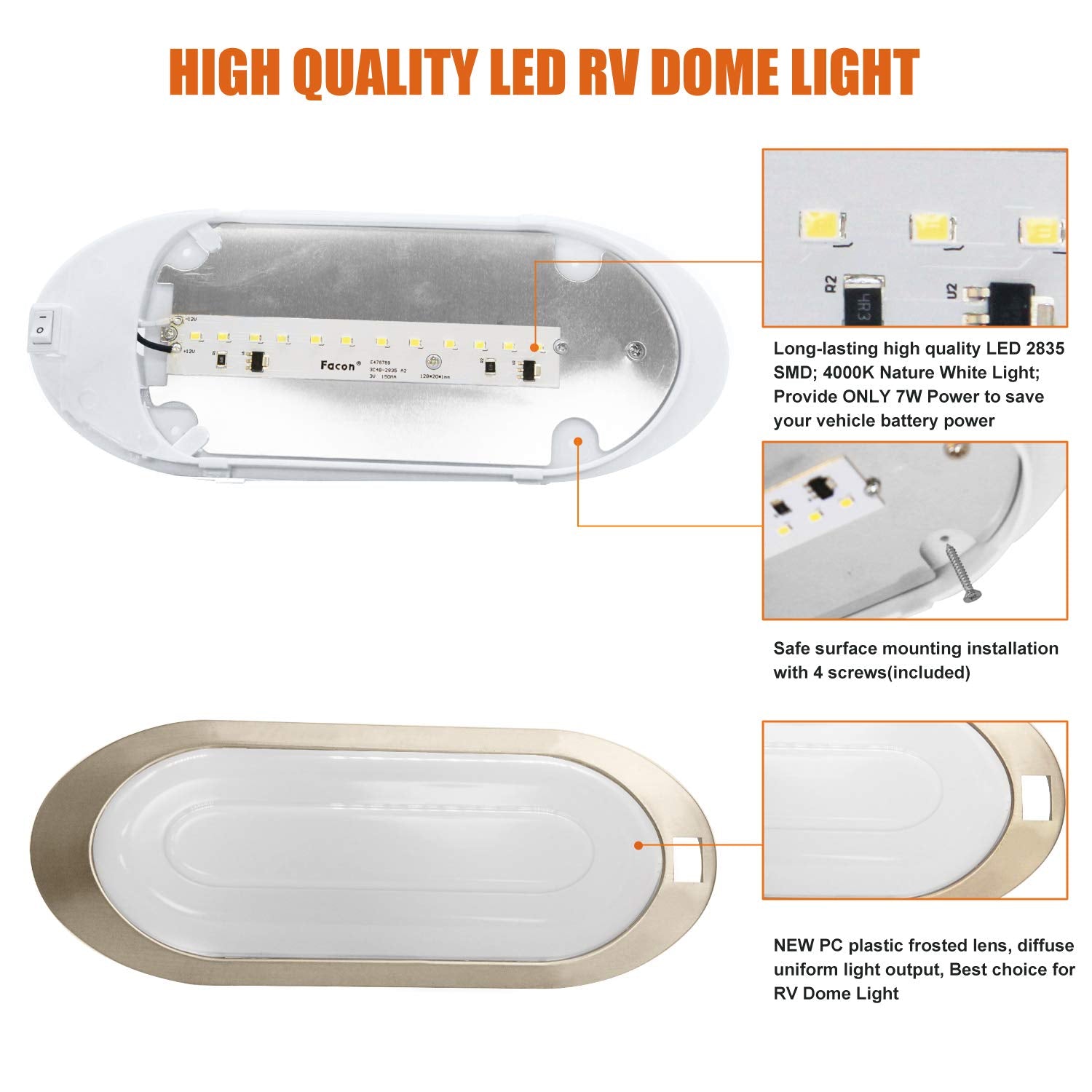 Facon 12V LED Pancake Light, Surface Mount Dome Light, Brushed Nickel, Model DDS01-401, 2 Packs, for RVs, Trailers, and Boats