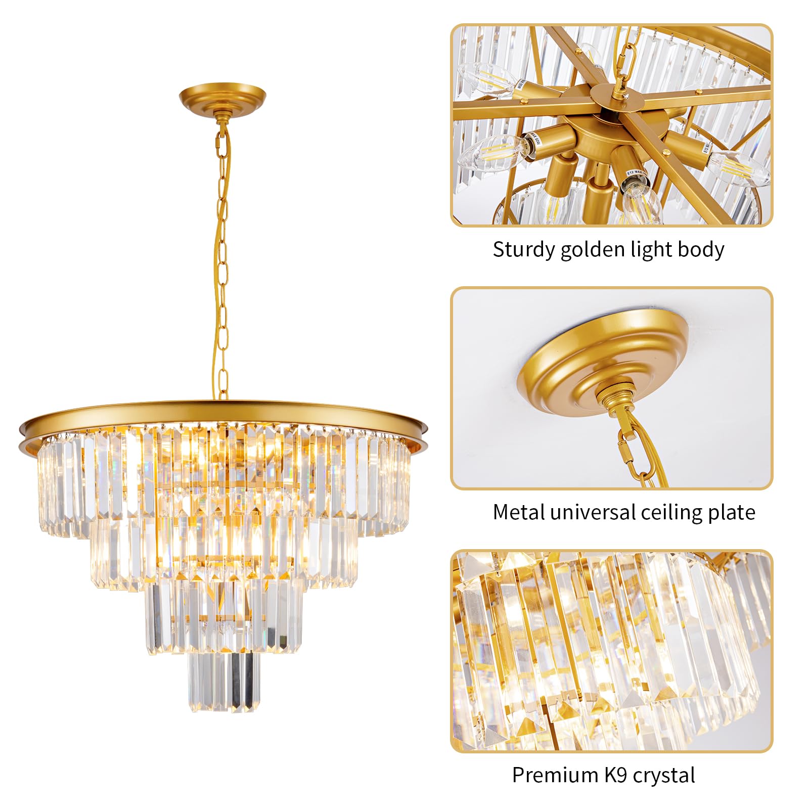 Hccz 10-Light Gold Crystal Chandelier, Round 4-Tier Pendant For Dining Room & Living Spaces