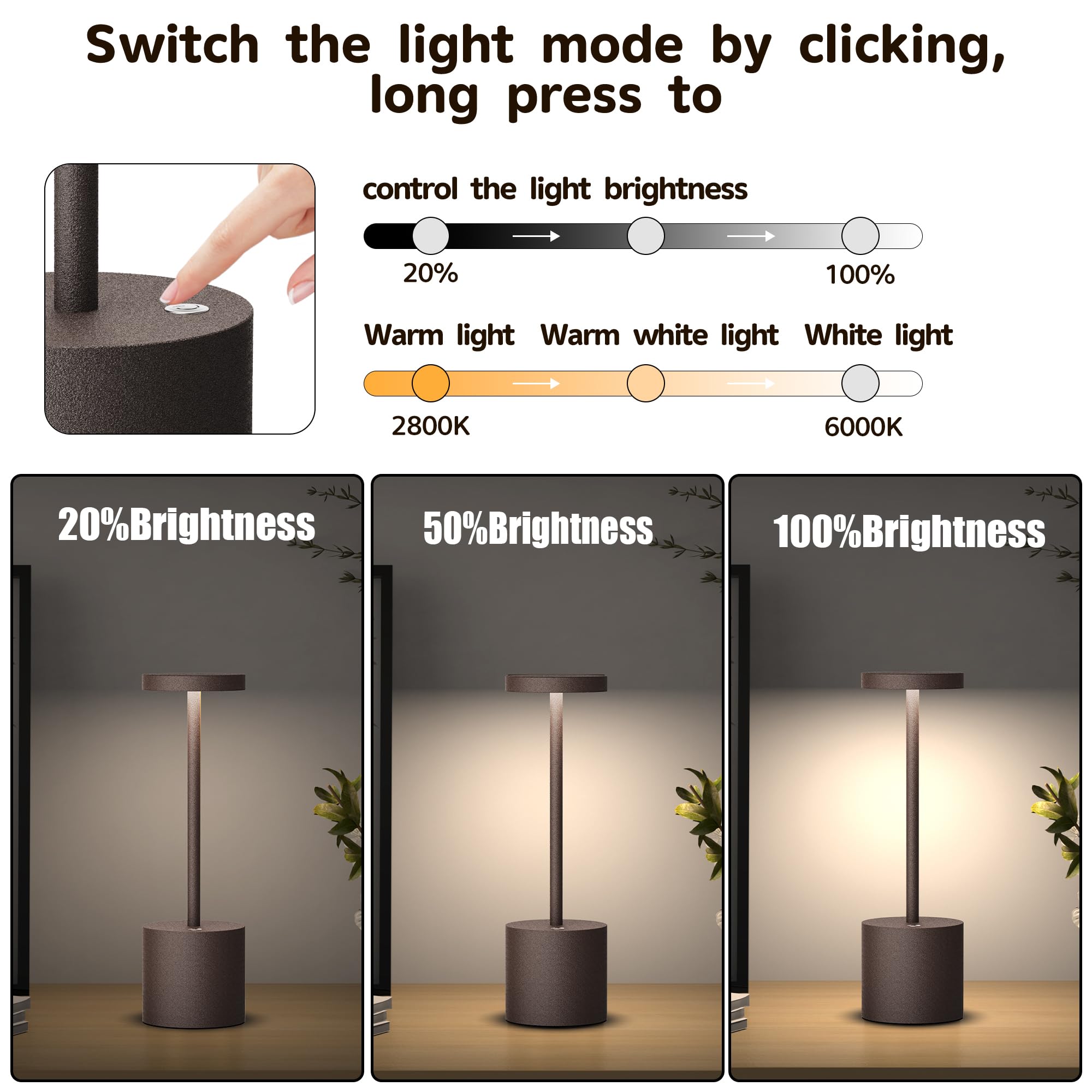 YIBEN Cordless Table Lamp 2Pack Rechargeable LED 5000mAh Metal USB 10.25in Ferruginous S801-B