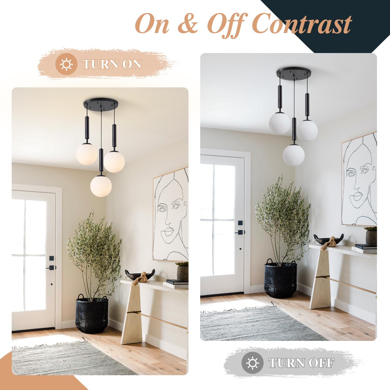 Bokt 3 Light Globe Cluster Pendant Light Modern Black Hanging Pendant Light Fixture White Milk Glass Vintage Farmhouse Pendant L