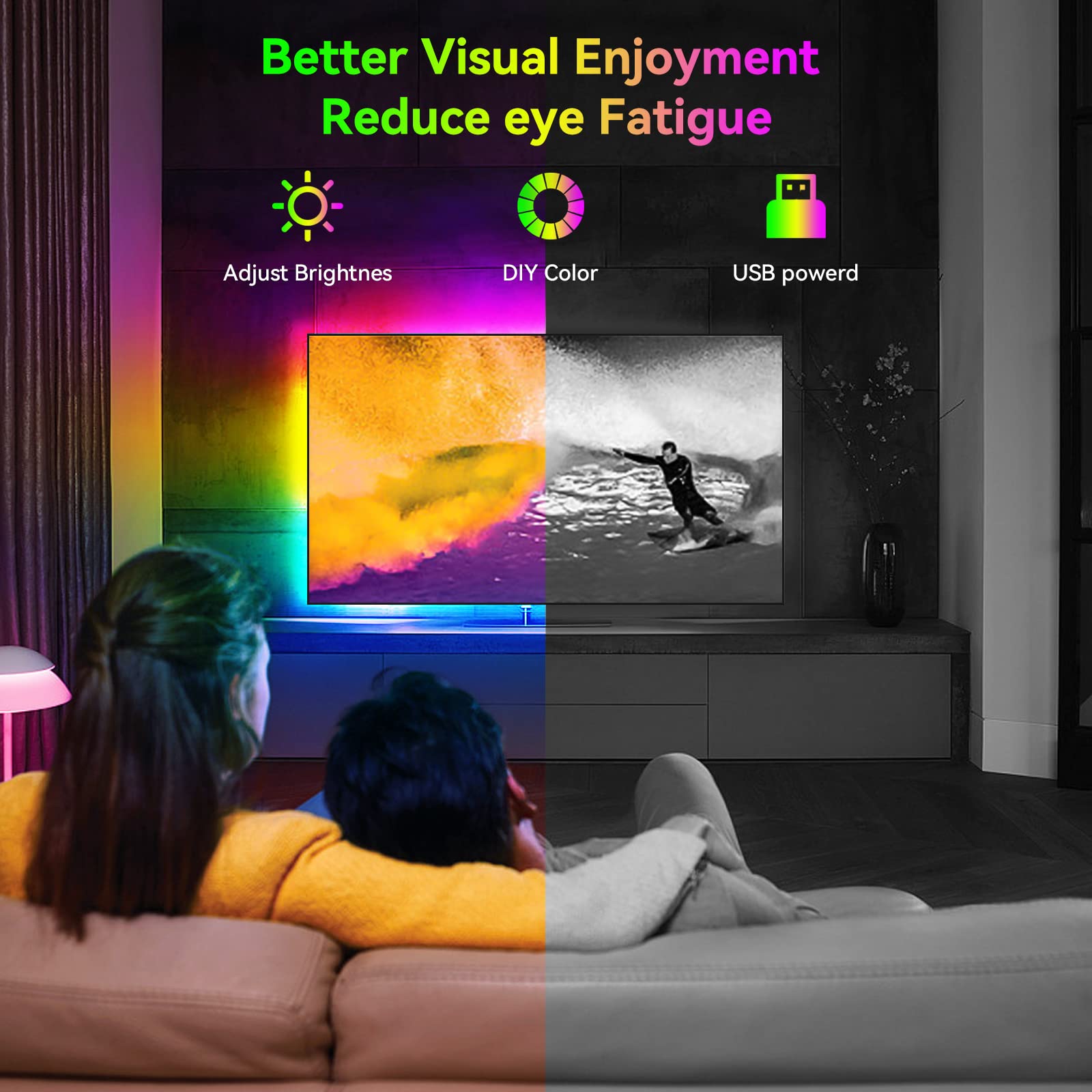 Houhui Led Strip Lights Kit, 2X6.56Ft Rgb Led Lights Strip For 40-60In Tv Led Backlight, Color Changing Strip Light Waterproof I