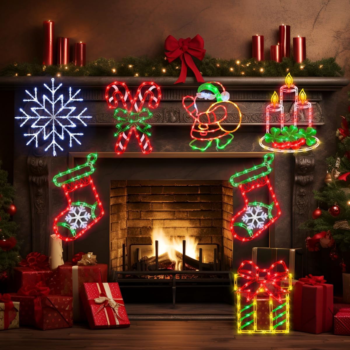Pytopkto 16 Christmas Window Silhouette Lights - 6 Pack Colour Lighted Candy Cane & Santa & Christmas Stocking & Candle & Gift Box &Snowflake For Holiday Indoor And Outdoor Window Decorate