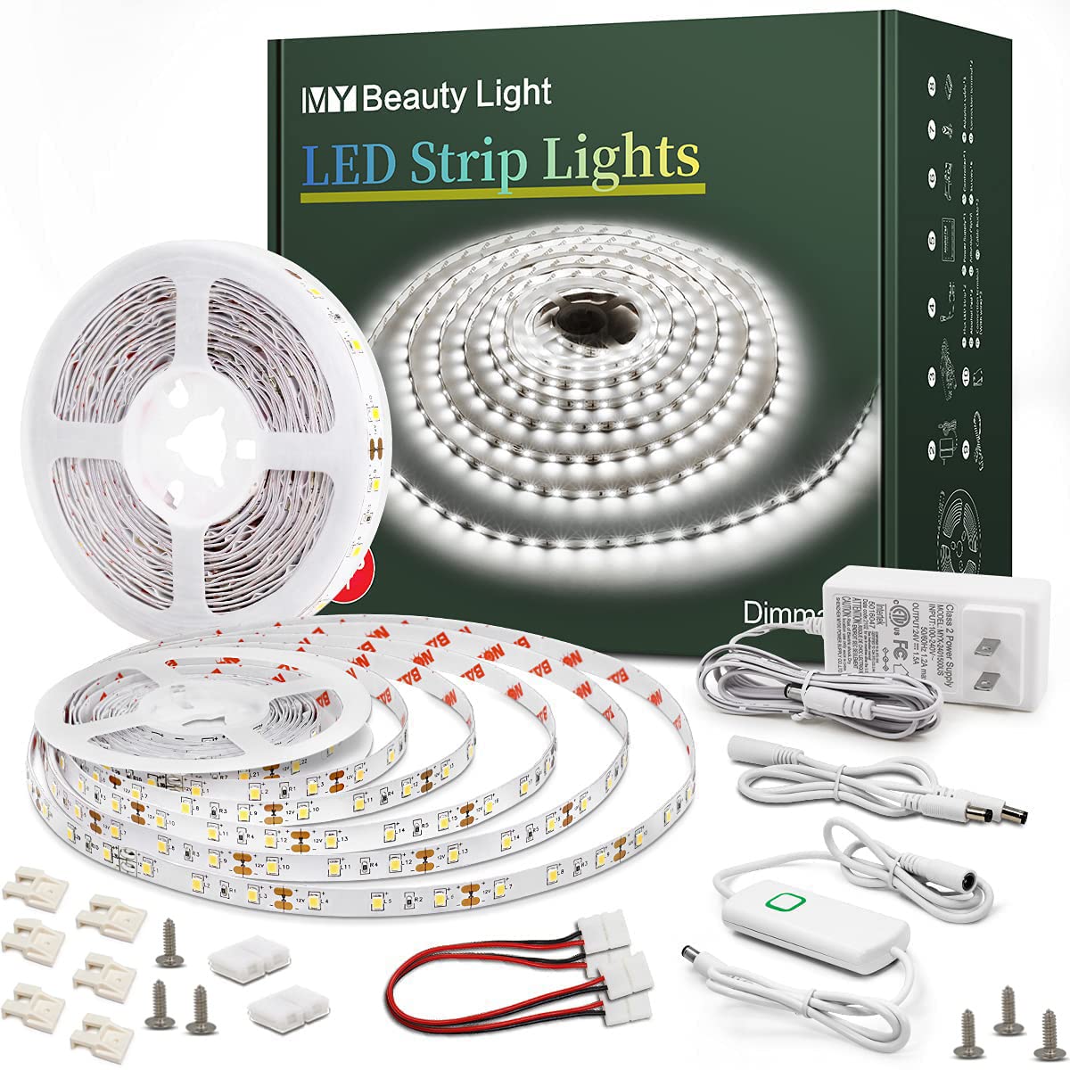 Led Strip Lights 65.6ft White Dimmable Led Light Strip Flexible Rope Lights Kits with 24v Etl Power Supply, Adhesive Clips, Dimm
